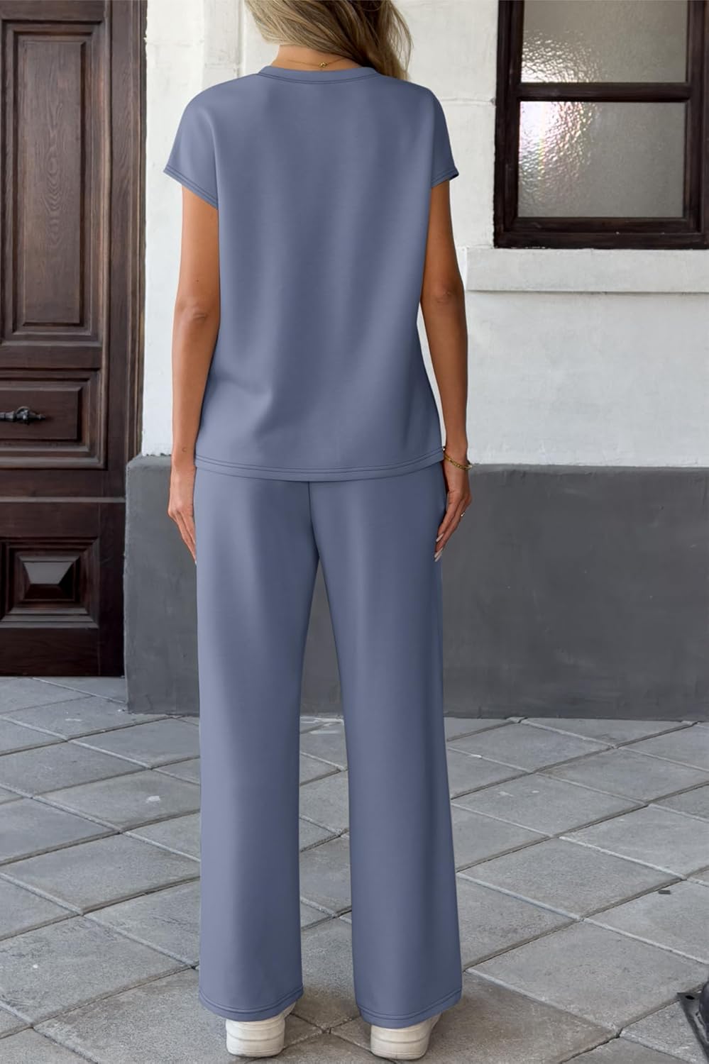 ATHMILE Two Piece Sets for Women Casual Summer Travel Outfits Cap Sleeve Vacation Cap Sleeve Wide Leg Pants Lounge Set - Image 6