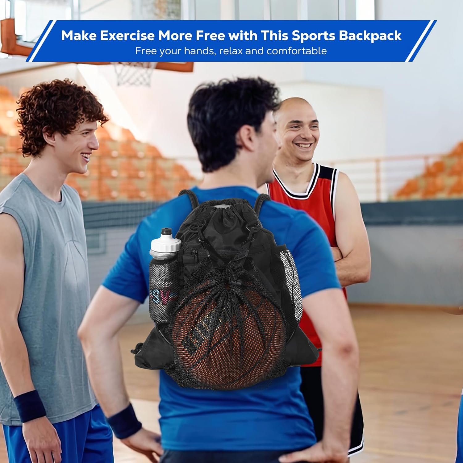 MoKo Drawstring Basketball Backpack, Sports Gym Bag Soccer Backpack with Two Water Bottle Holder, Foldable Mesh Ball Bag Portable Basketball Bag for Football Volleyball Baseball Yoga, Black - Image 6