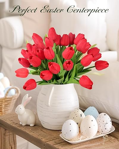 Miniatura 7 de MACTING 30 flores de tulipanes artificiales, 13.7 pulgadas, ramo de tulipanes falsos de poliuretano de tacto real, flores de primavera para arreglos