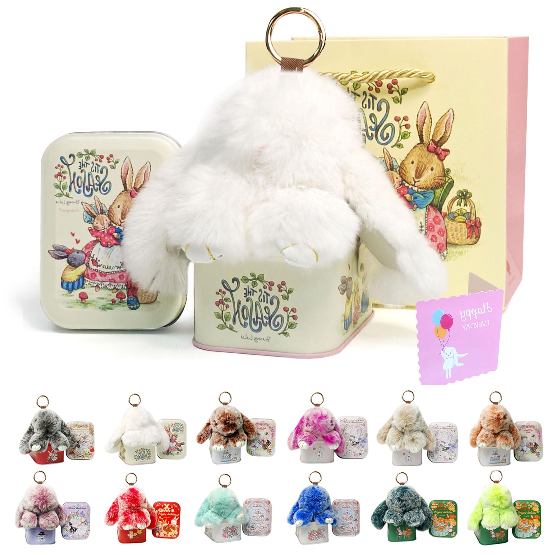 MINGRI Soft Bunny Keychain with Tin,Cute Valentines Gift Plush Keychain for Backpack,Bag Charm Gift Key Chain