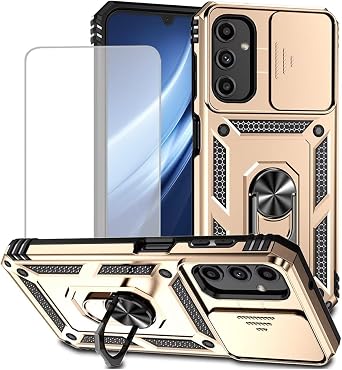 for Galaxy A25 5G Case, Samsung A25 5G Case with Tempered Glass Screen Protector and Slide Camera Cover, Magnetic Ring Car Mount Holder Protective Cover for Samsung Galaxy A25 Gold