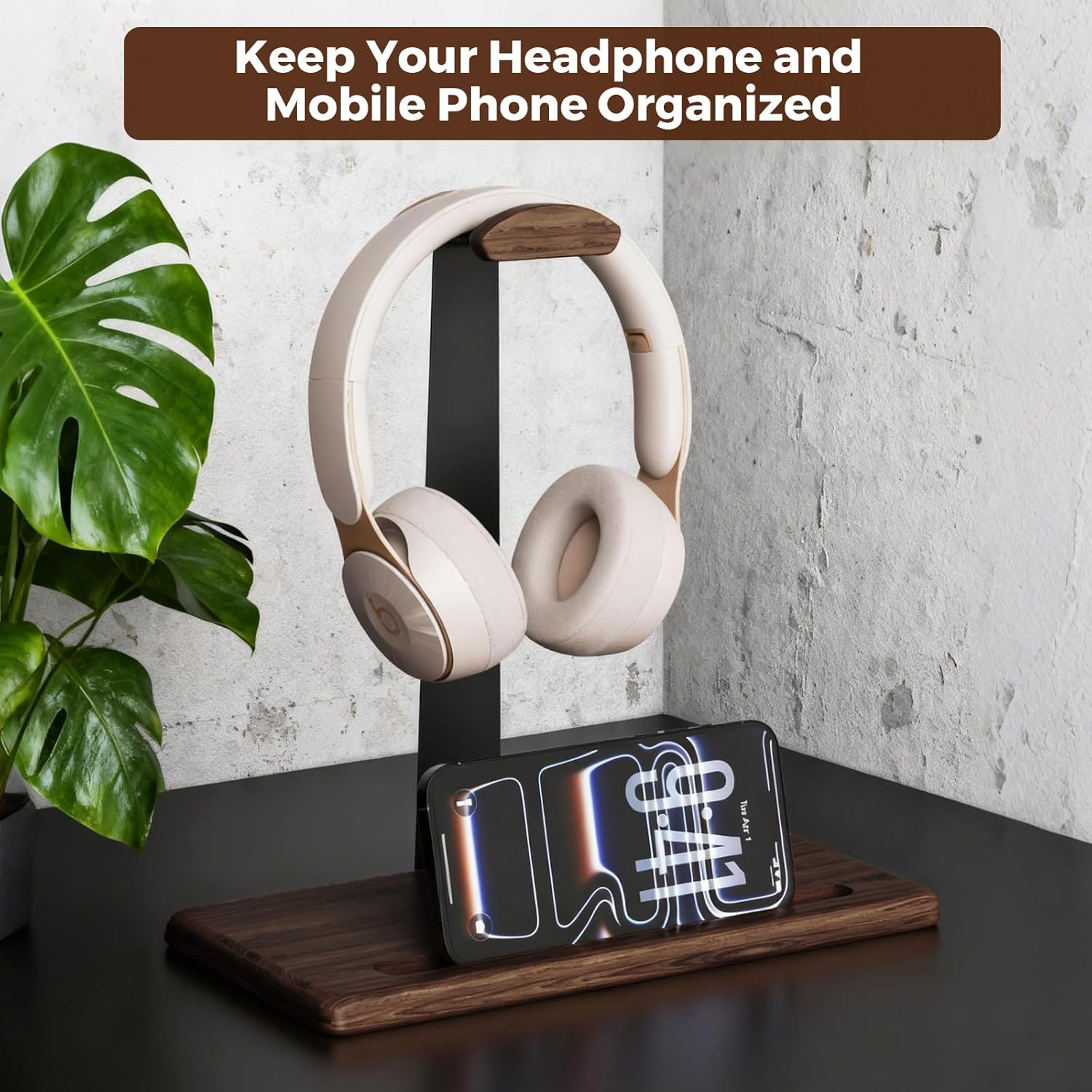 Walnut Headset Stand for Desk with Phone Holder | Headphone Stand Headphone Holder (Dark Walnut)