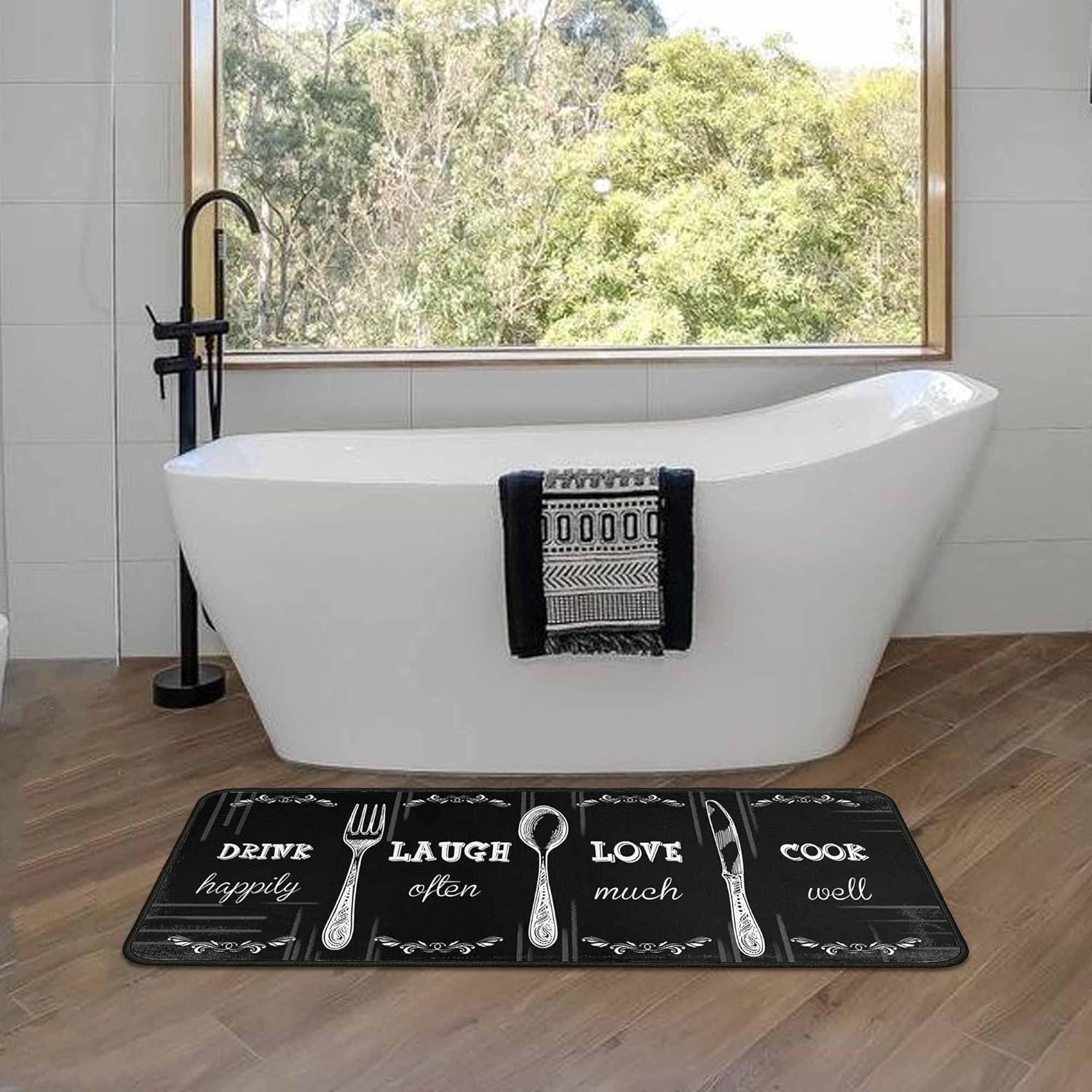 Black Kitchen Rug Set 2 PCS | Non-Slip Waterproof Stain-Resistant Floor Mats | Farmhouse Style Mats for Kitchen, Sink & Laundry 17"x47"+17"x30"