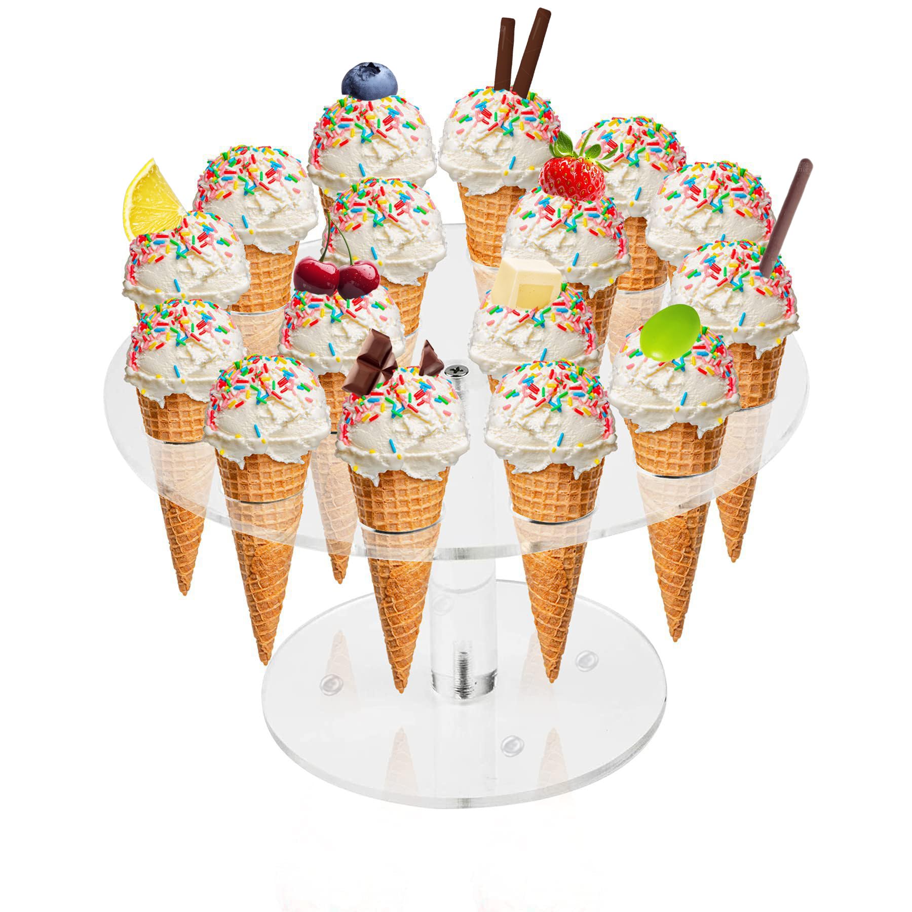 CEWROM Soporte para conos de helado,estante de exhibición cónico de pastel de yakele transparente de 16 agujeros, soporte para obleas de hielo, para decoración de Navidad, cumpleaños, fiesta