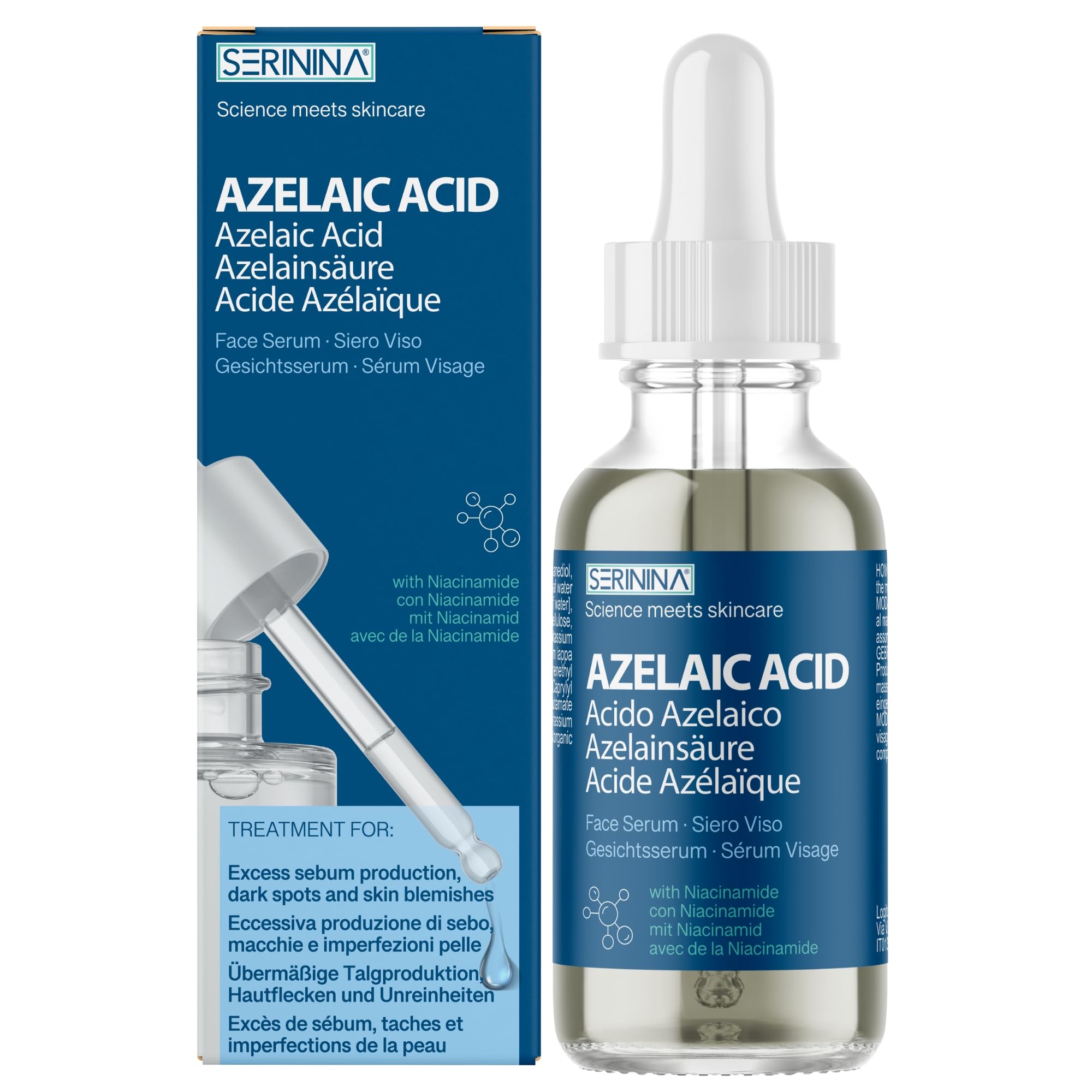 SERININA Acido Azelaico Viso, Siero con Niacinamide e Zinco per Pelle Grassa e Impura, Azelaic Acid Sebo Regolatore 30 ml