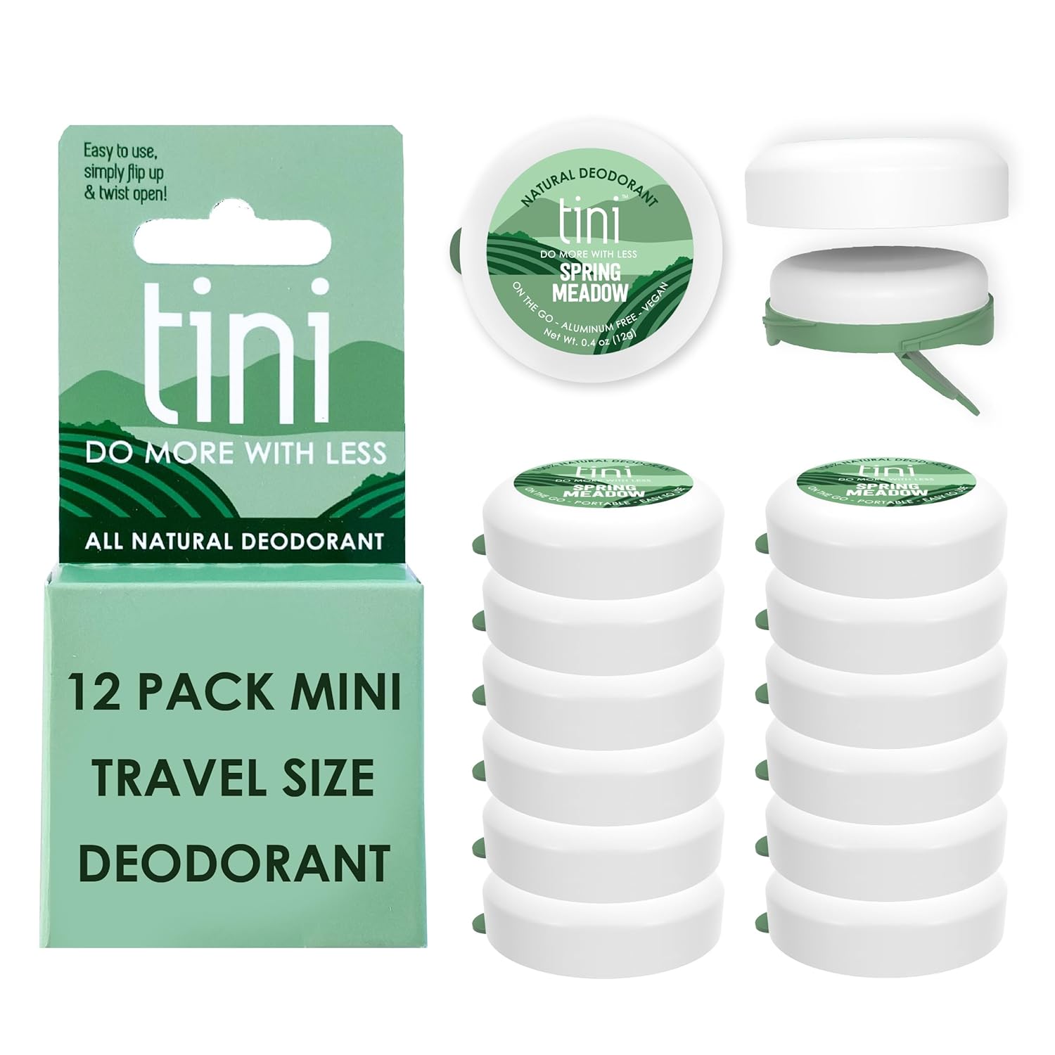 Tini Naturals Mini Travel Size Deodorant, Unisex Aluminum Free Deodorant with Coconut Oil & Shea Butter, 0.4oz each (12 Pack), Spring Meadow Scent