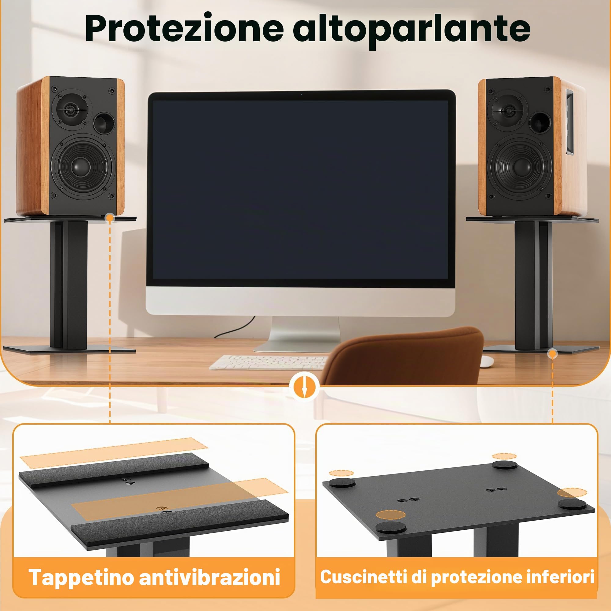 OUUTMEE Supporto audio per desktop, altezza 25 cm, in metallo, con strisce in gomma antiscivolo e ammortizzanti, nero, coppia (grande)