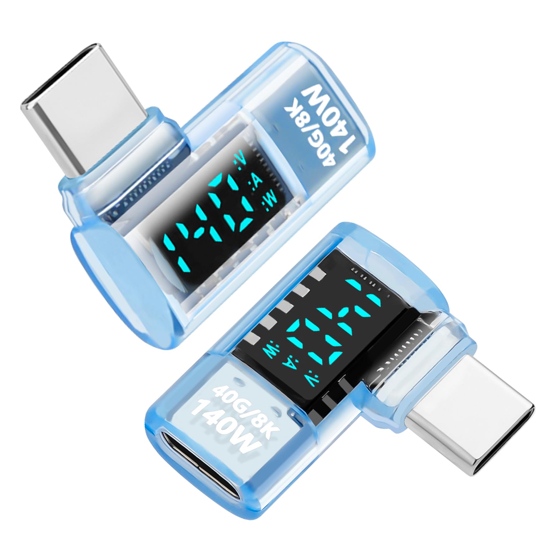 AIYEEN Verbesserter USB 4.0 Digitalanzeige USB C Stecker auf Buchse Adapter 40 Gbit/s (2er Pack), rechtwinkliger PD 3.1 140 W Leistung 8K@60Hz Video Kompatibel mit iPhone 16, MacBook, Hellblau