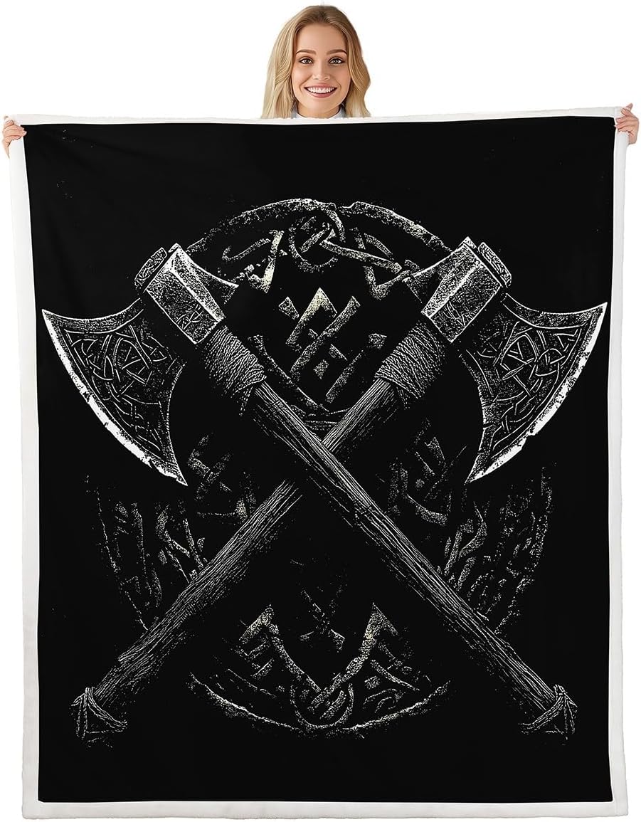 Erosebridal Viking Norse Fleece Blanket Twin 60x80 Gothic Battle Axe Sherpa Blanket for Kids Teens Adults Nordic Style Fuzzy Plush Throw Ethnic Mysterious Decor