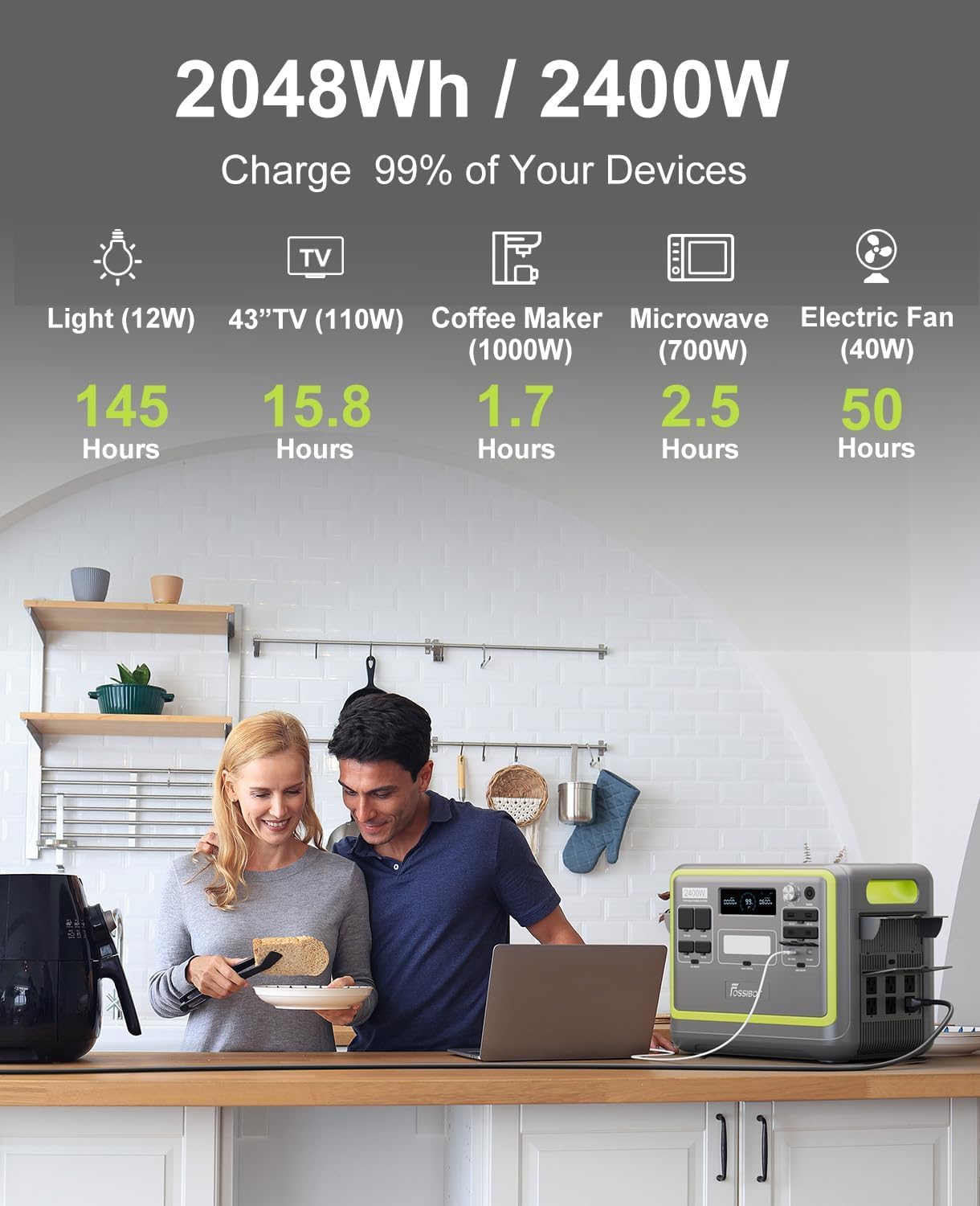 FOSSiBOT F2400 Powerstation mit 200W Solarpanel, Solargenerator 2048Wh LiFePO4 Batterie 230V 2400W 3AC Ausgängen (4800W Peak), Mobile Stromerzeuger für Camping/Reise/Zuhause/Notfall usw