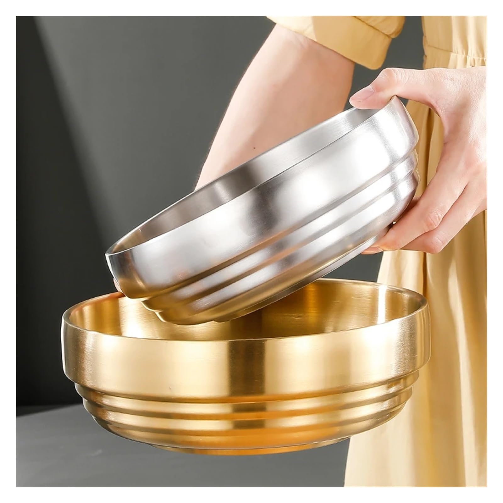 Dwuwarstwowa izolowana miska ze stali nierdzewnej Duża zimna sałatka z makaronem Zupa ryżowa Ramen Zastawa stołowa kuchenna(23cm Golden)