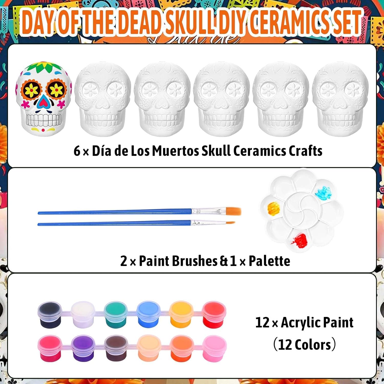 6 Pcs Day of The Dead DIY Ceramic Sugar Skull Crafts Paint Your Skull Statues Blank Paintable Skull Ornaments for Dia De Los Muertos Altar Ofrenda Decoration Supply
