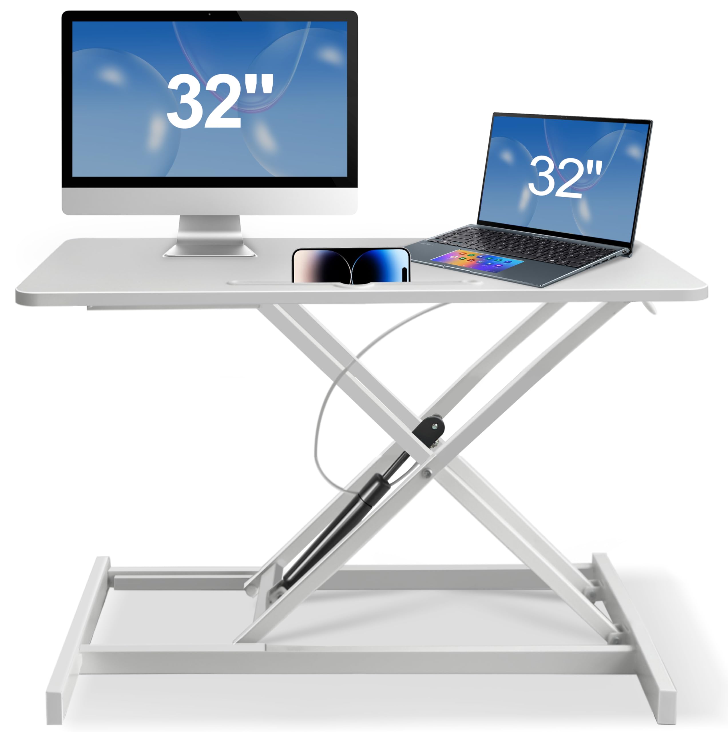 32" Gas Lift Standing Desk Converter, White Adjustable Height Stand up Desk- with Keyboard Tray - Dual Monitor and Laptop Workstation