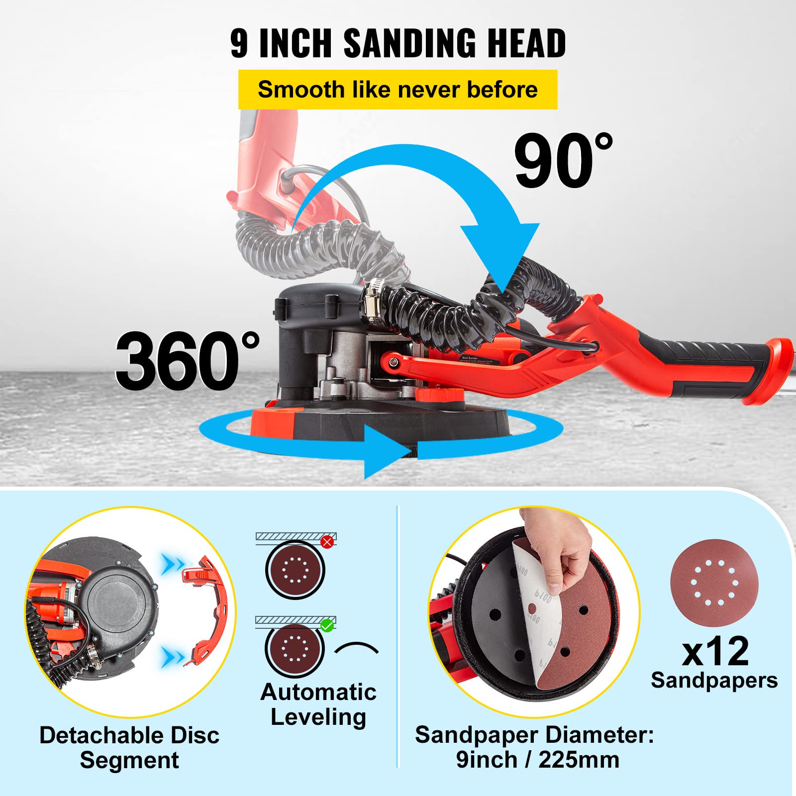 Mophorn VEVOR 850 W Levigatrice a Muro, Lucidatrice per Lavori a Secco, Levigatrice Telescopica per Pareti e Soffitti, Levigatrice a Giraffa, Ideale per Levigare Soffitti e Pareti, Rosso