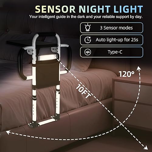Miniatura 4 de Rieles de cama para adultos mayores, altura ajustable plegable de 90 para personas mayores con mesa plegable y luz sensora, 3 asas con bolsillo de