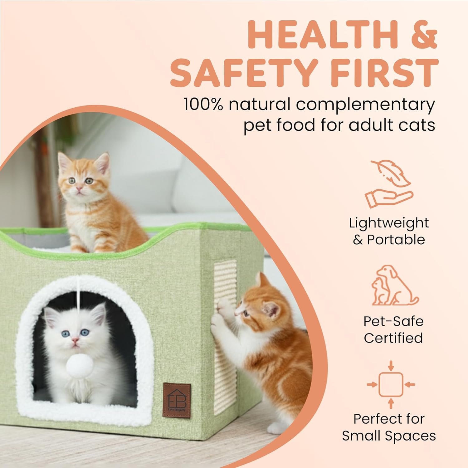 EverBrightly Cat Condo Bed | Foldable Pet Cave with Scratcher Pad, Reversible Cushion & Hanging Toy Ball | Indoor Hideaway, Lounge Perch & Playhouse, Durable Linen with Cozy Sherpa