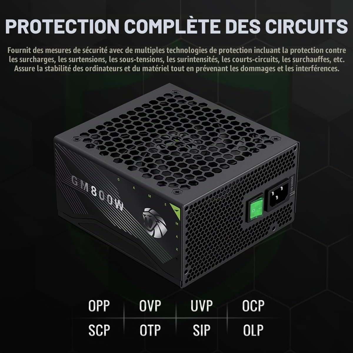 GAMEMAX GM 800B Alimentation PC 800W, Full Modulaire, 80 Plus Bronze, Active PFC & DC-to-DC, Ventilateur 140 mm, condensateurs de Haute qualité, 7 Protections de sécurité