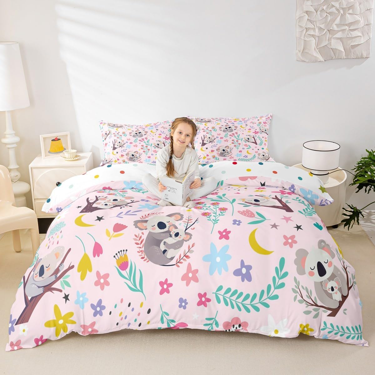 Erosebridal Kawaii Cat Comforter Cover Twin for Girls,Pink Floral Duvet Cover,Kids Cartoon Animal Bedding Set,Flower Bed Set for Children Girls,Cute Cat Bedspread Cover with Zipper Closure,Pink