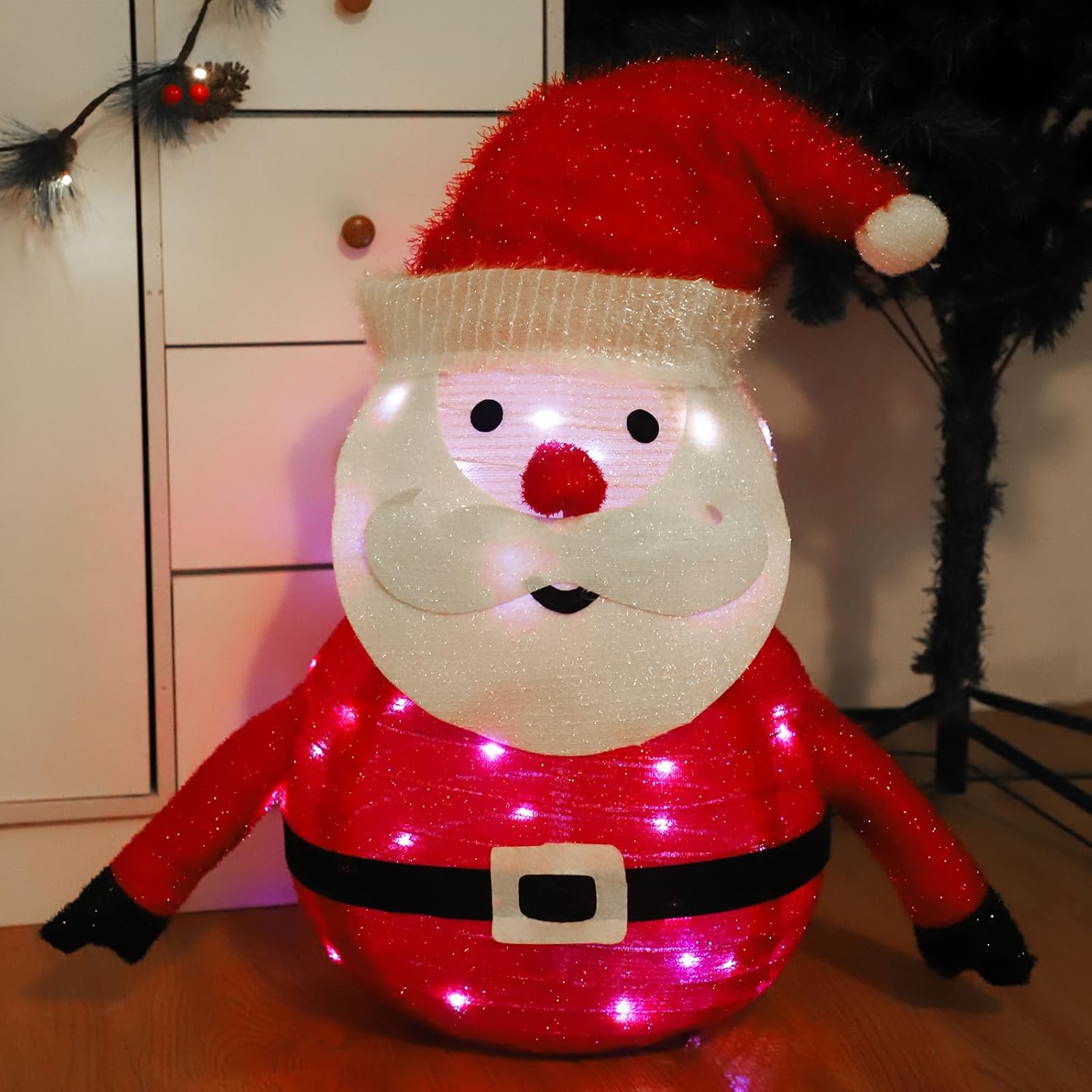 Christmas Decoration Santa Claus Decor, 2Ft Pre-Lit 45LED Light Up Collapsible Santa Decor, Pop Up Santa with Metal Stand for Indoor Outdoor Xmas Tree Garden Yard Home Party Decor