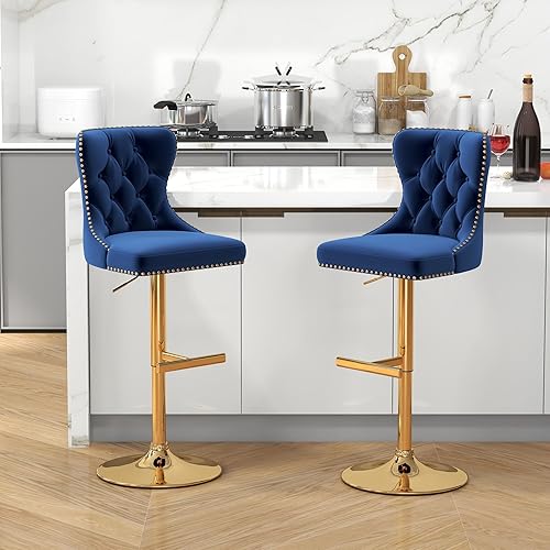 Miniatura 2 de Juego de 2 taburetes de bar, taburetes giratorios de terciopelo con respaldo copetudo, asiento ajustable con ribete de cabezas de clavos, sillas de