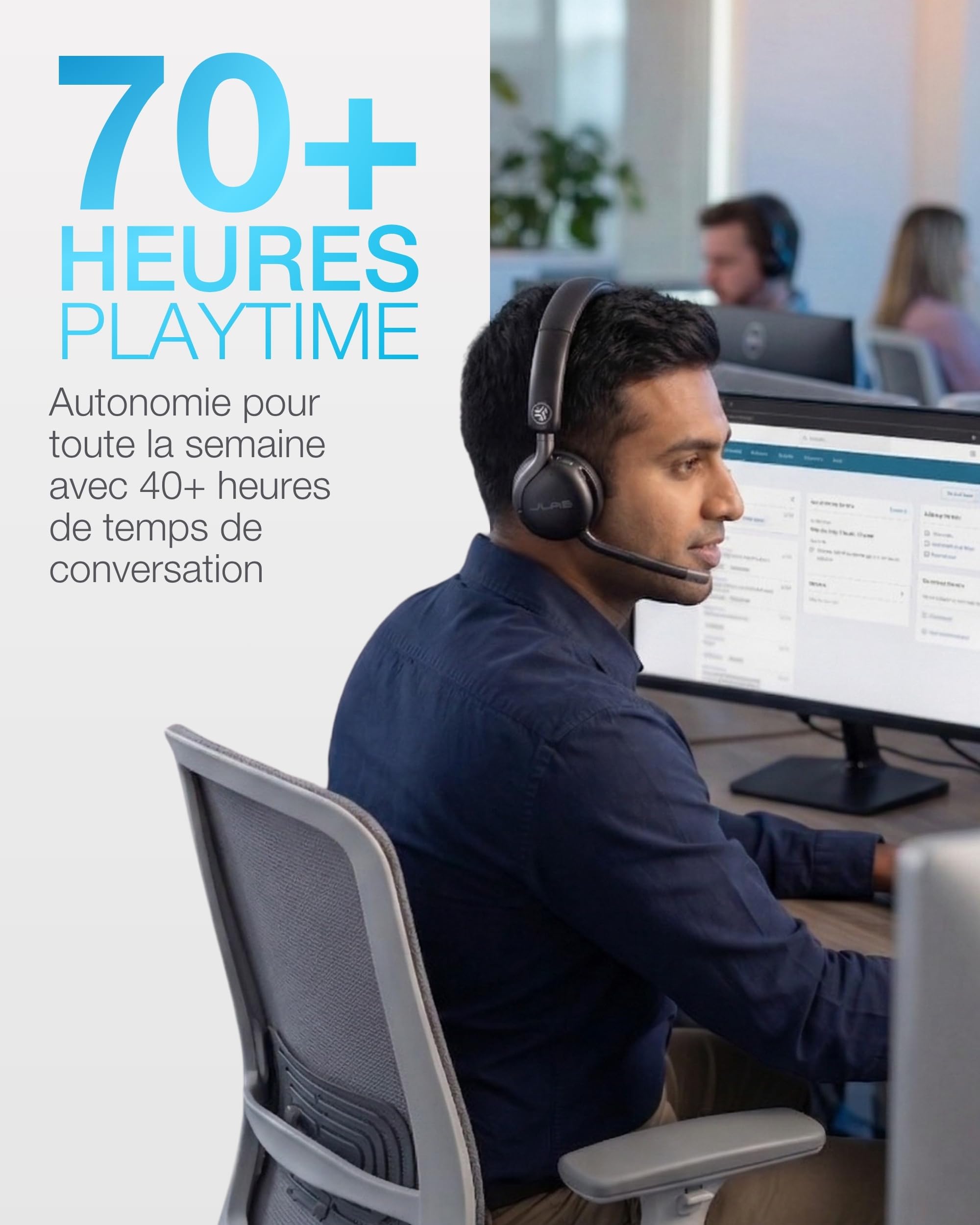 JLab Go Work 3 Casque Bluetooth sans Fil avec Micro - 70h d'Autonomie, RéDuction de Bruit ENC, Multipoint, Dongle USB-C, Micro Casque PC Confortable pour Bureau et TéLéTravail