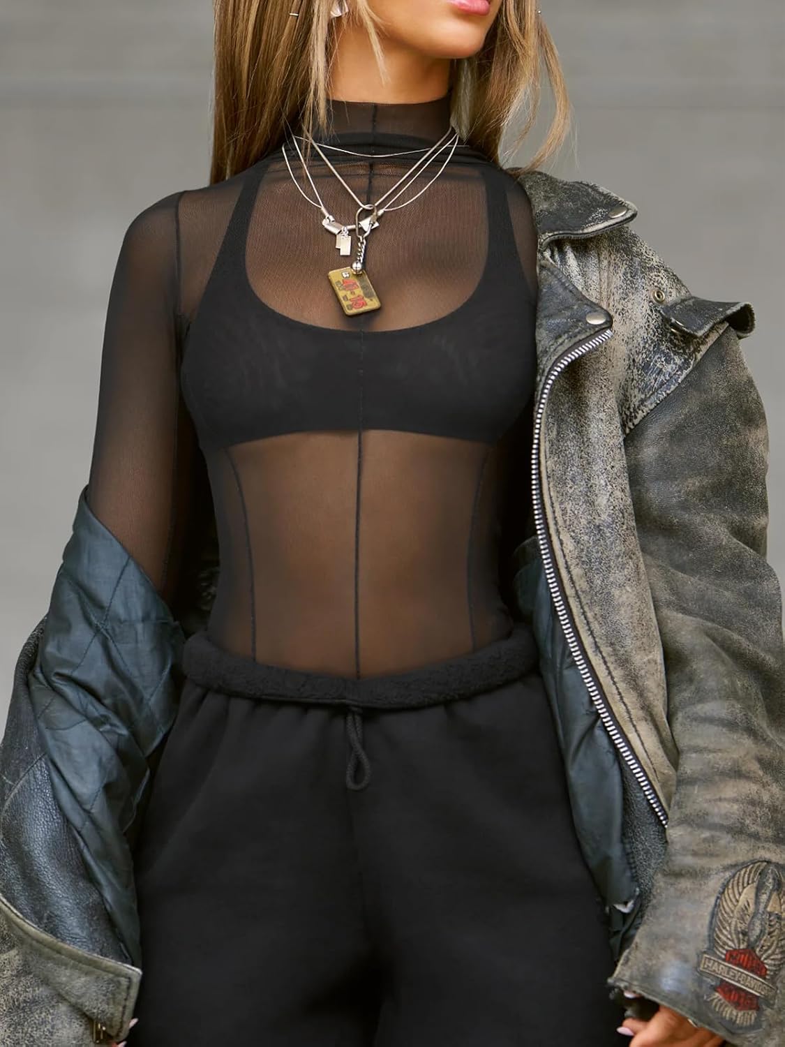 Sheer Going Out Tops for Women Sexy Long Sleeve Mock Neck Lace Spring See Through Tops Stretchy Trendy Shirts Blouse - Image 2