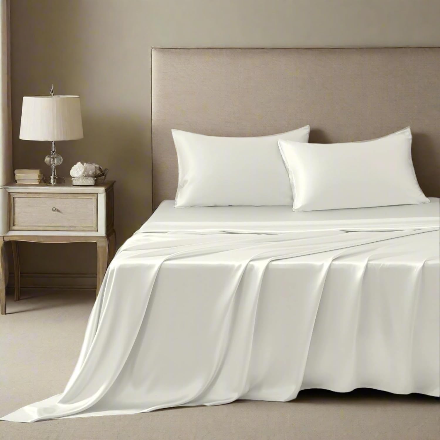 Mulberry Park 100% Silk Sheet Set - 30 Momme, Grade 6A Charmeuse Mulberry Silk - 4pc Set, King Size with 16" Deep Pocket Fitted Sheet, Ivory