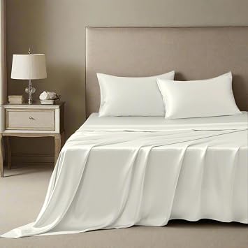 Mulberry Park 100% Silk Sheet Set - 30 Momme, Grade 6A Charmeuse Mulberry Silk - 4pc Set, Queen Size with 16" Deep Pocket Fitted Sheet, Ivory