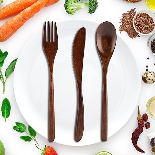 Miniatura 6 de Juego de vajilla de madera reutilizable de estilo japonés, cuchillo, tenedor, cuchara, juego de vajilla de madera seguro y duradero, utensilios para