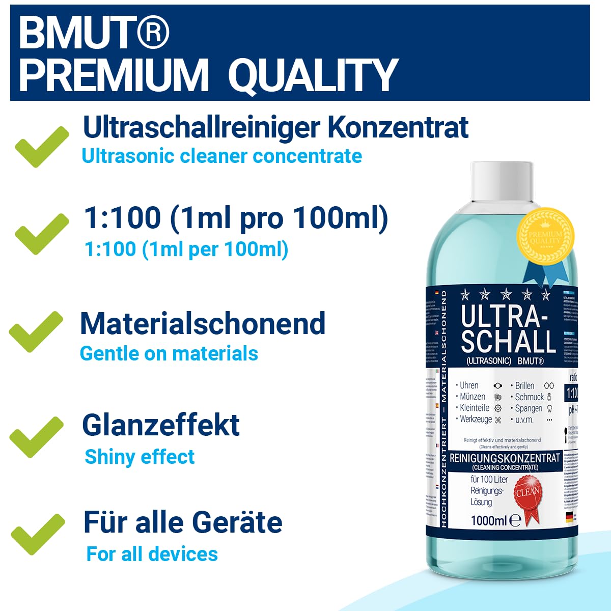 Lot de 2 nettoyants à ultrasons concentrés de 1000 ml | Liquide | pour lunettes, montres, bijoux, prothèses dentaires, etc. dans un bain à ultrasons