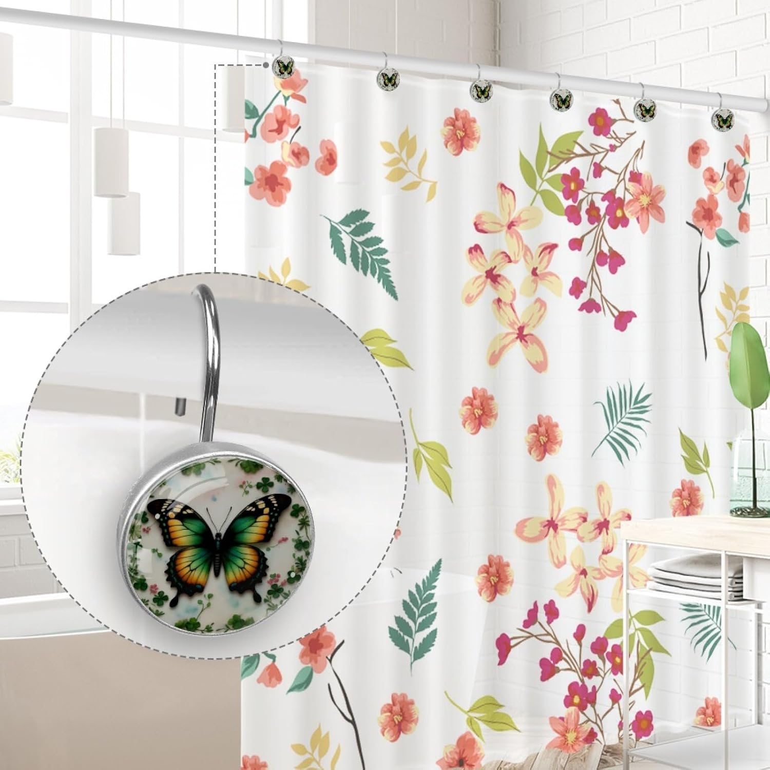 12Pcs Green Retro Butterfly Shower Curtain Hooks for Bathroom, Round Home Decorative Shower Curtain Rings, Modern Shower Curtain Hangers Bathroom Accessories