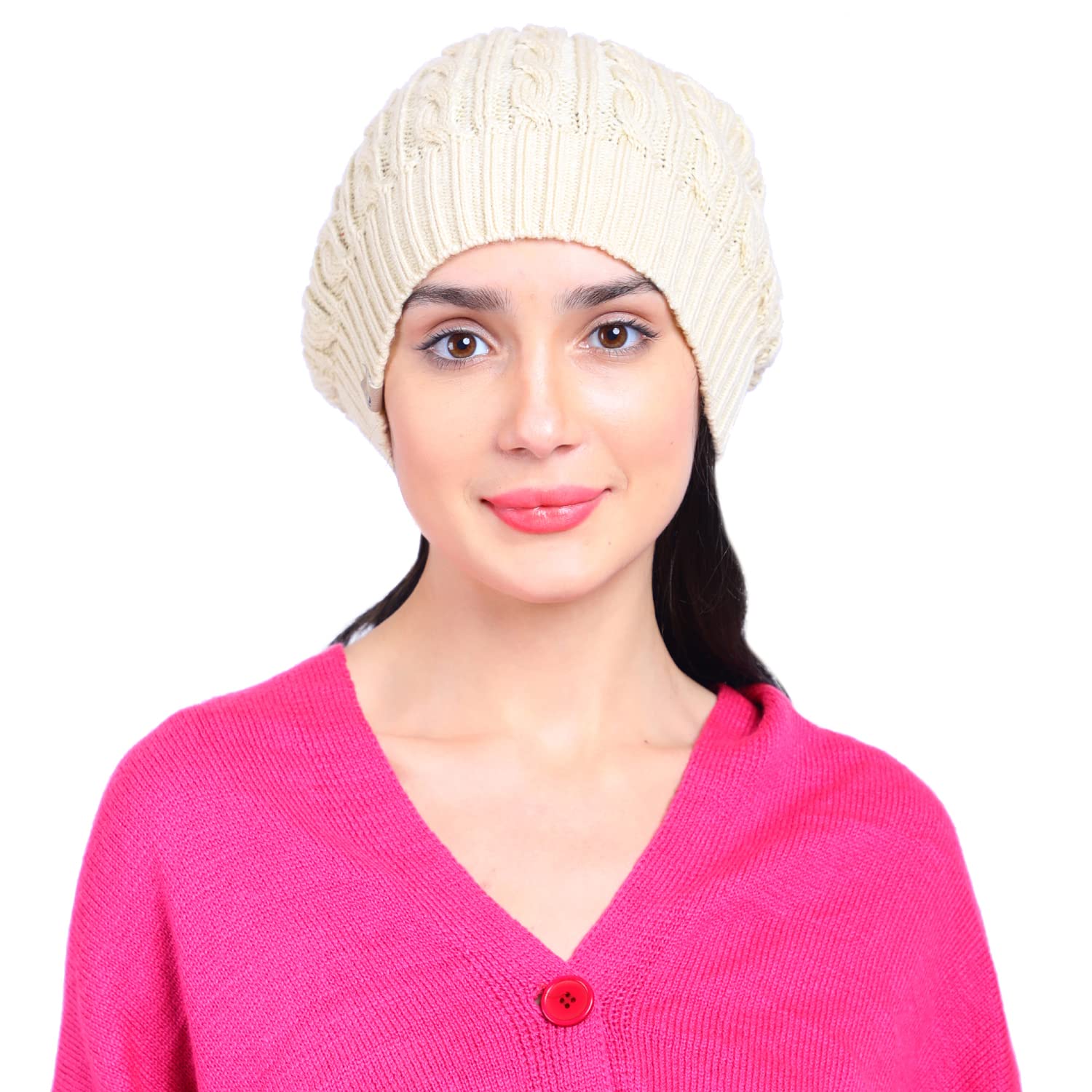 Ultra Soft Cable Knit Winter Woolen Warm Beanie Cap for Women Cream-image-15