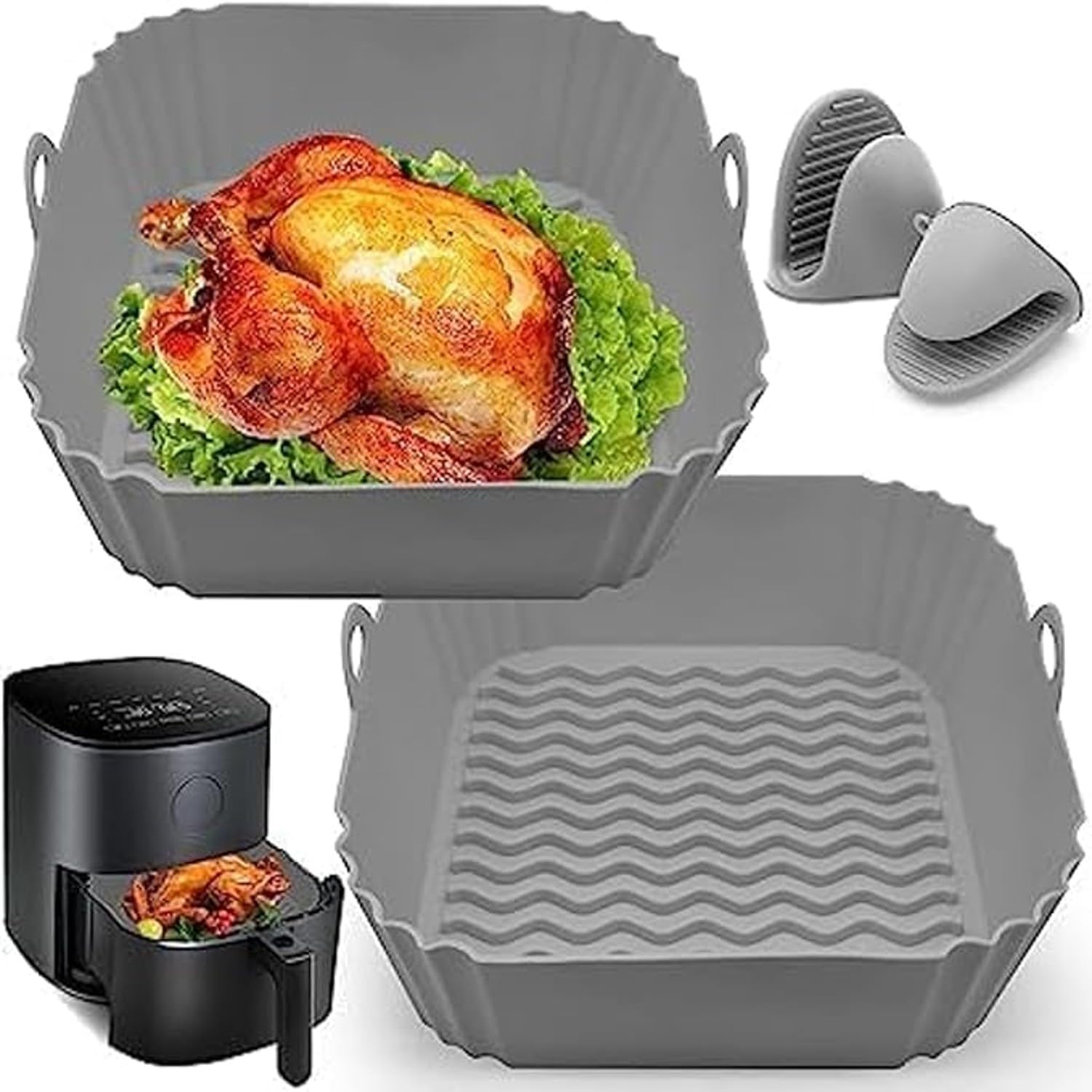Square Silicone Air Fryer Liners, 6.3 Inch, Pack of 2, Food Grade Reusable Non-Stick Basket Inserts with Handles, Heat Resistant and Dishwasher Safe, Black and Grey