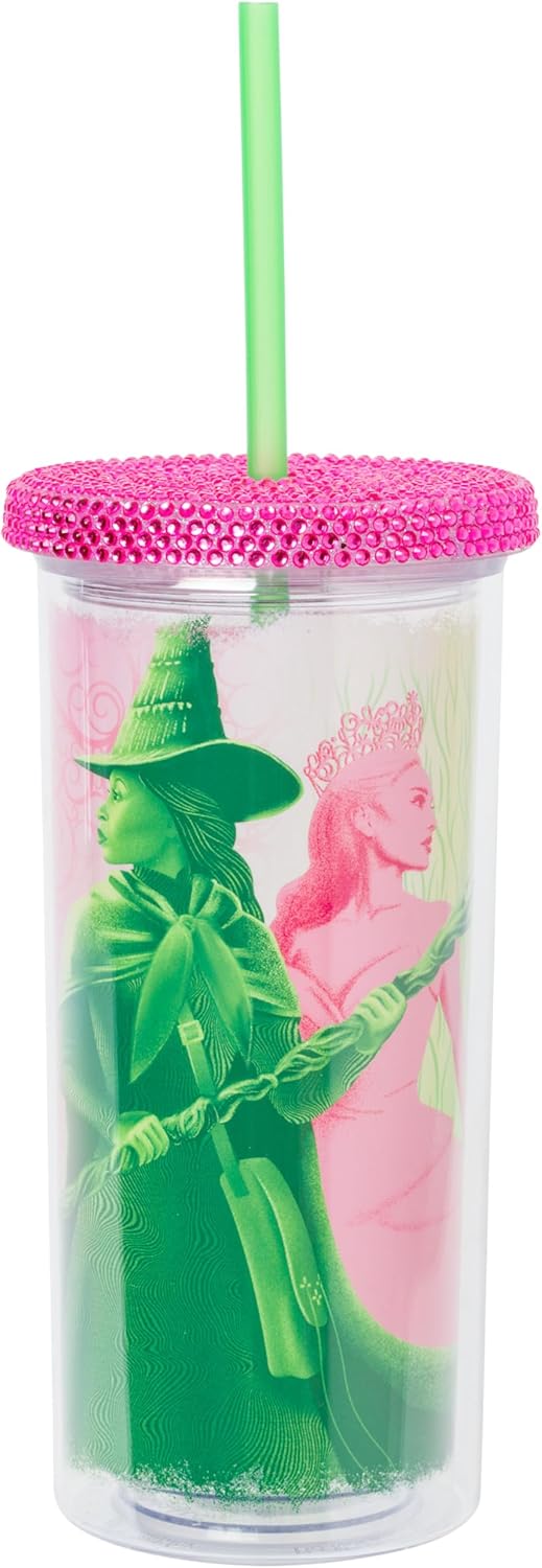 Silver Buffalo Wicked Core Elphaba and Glinda Split Patterns Rhinestone Lid 20oz Plastic Tall Cold Cup w/Lid and Straw