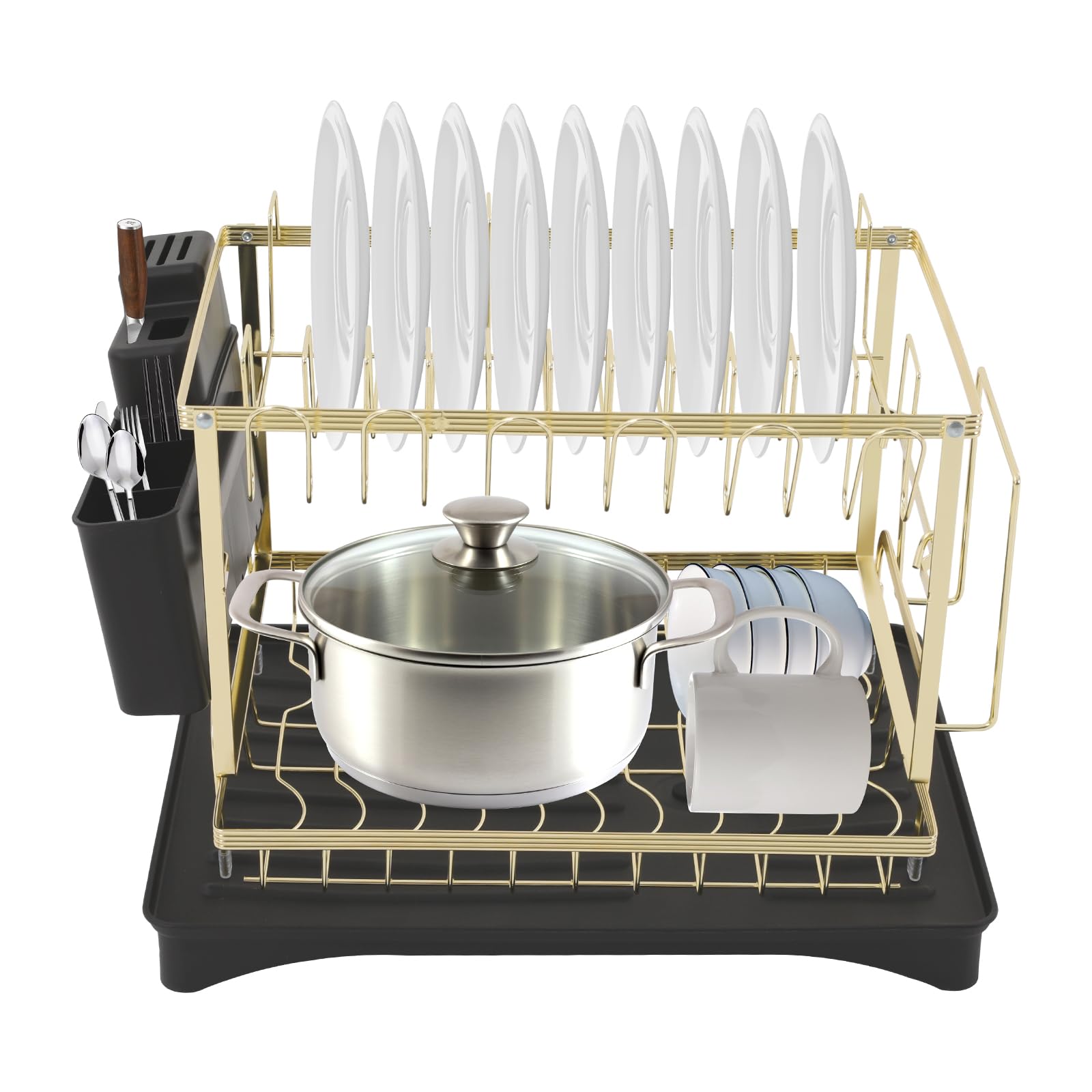 Bandeja de goteo de 2 niveles, escurreplatos de metal con soporte de plástico para utensilios de cocina, escurridor para platos, tabla de cortar negro+dorado, 42 x 30 x 29 cm