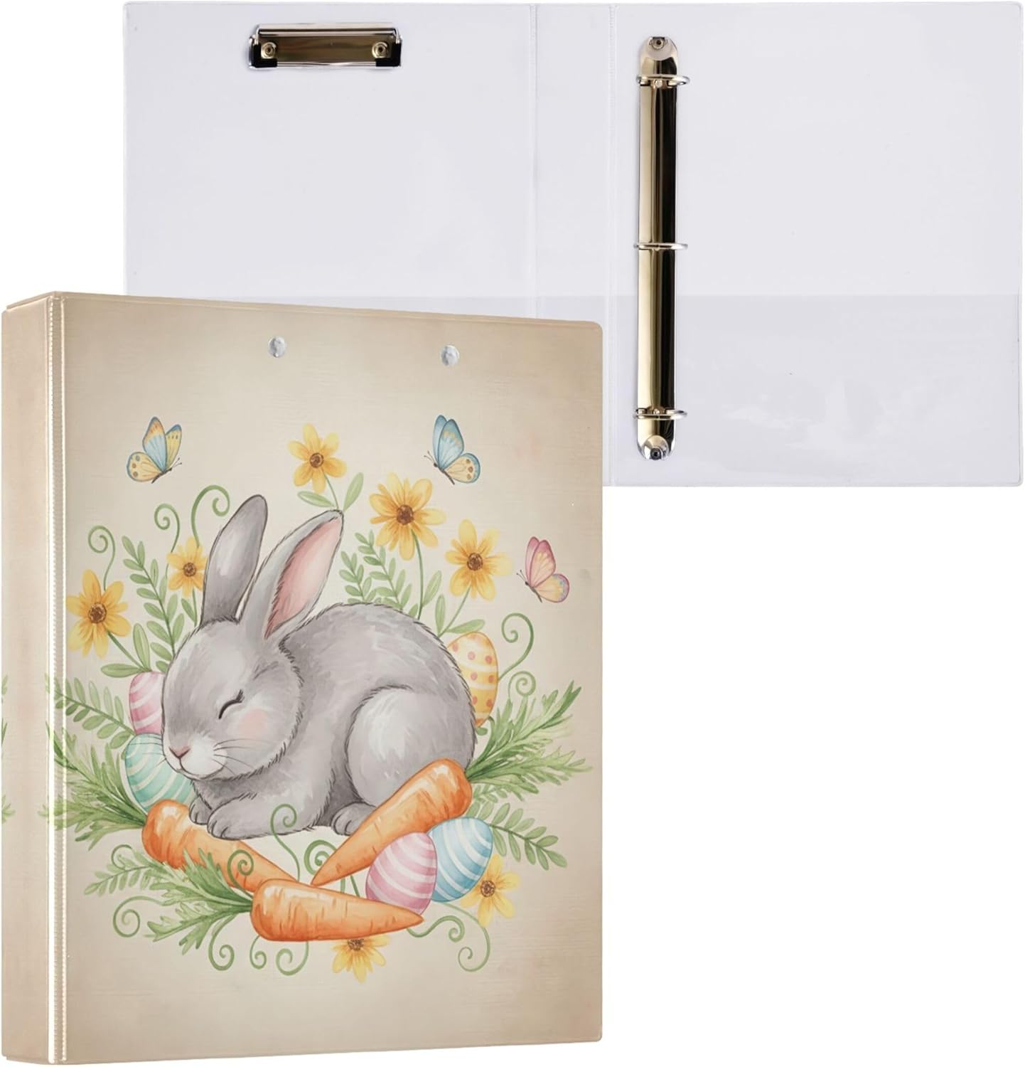 Happy Easter Bunny 3 Ring Binders, 1.5” Round Ring Binders with Clipboard - Letter Size, 3 Interior PVC Clear Pockets & Anti-Slip Clip for Office School Supplies, 2PCS