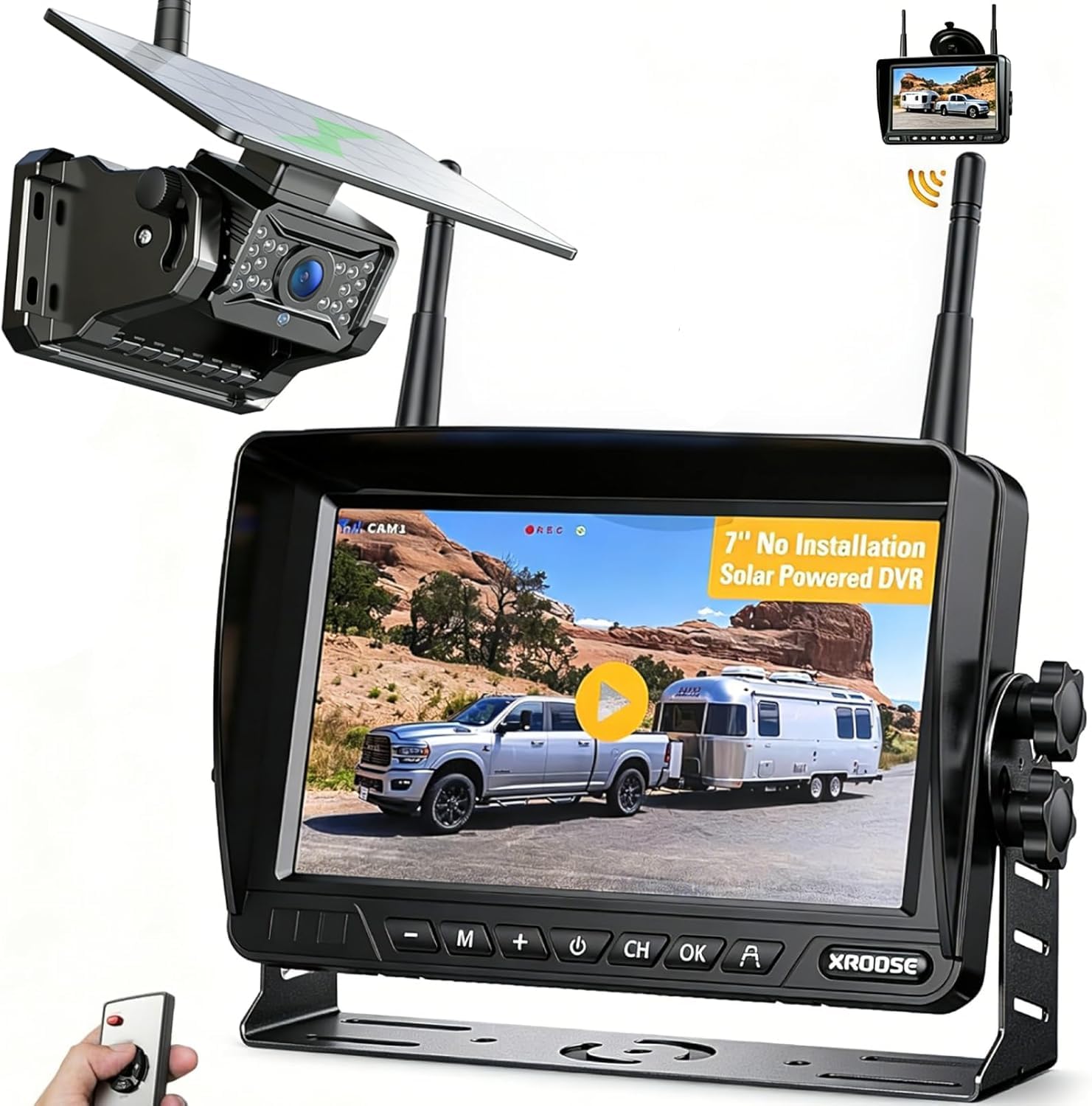 Magnetic Solar Wireless Backup Camera:Plug and Play 7" DVR 1080P Monitor