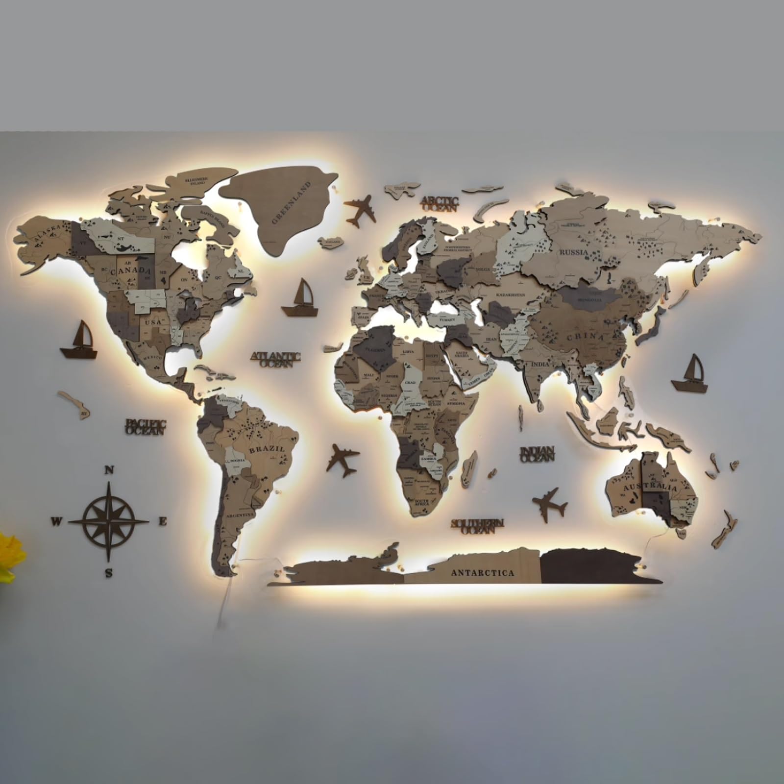 3D LED Holz Weltkarte Wandkunst Extra Groß Beleuchtet Acryl Wandbild Moderne Reise Dekor