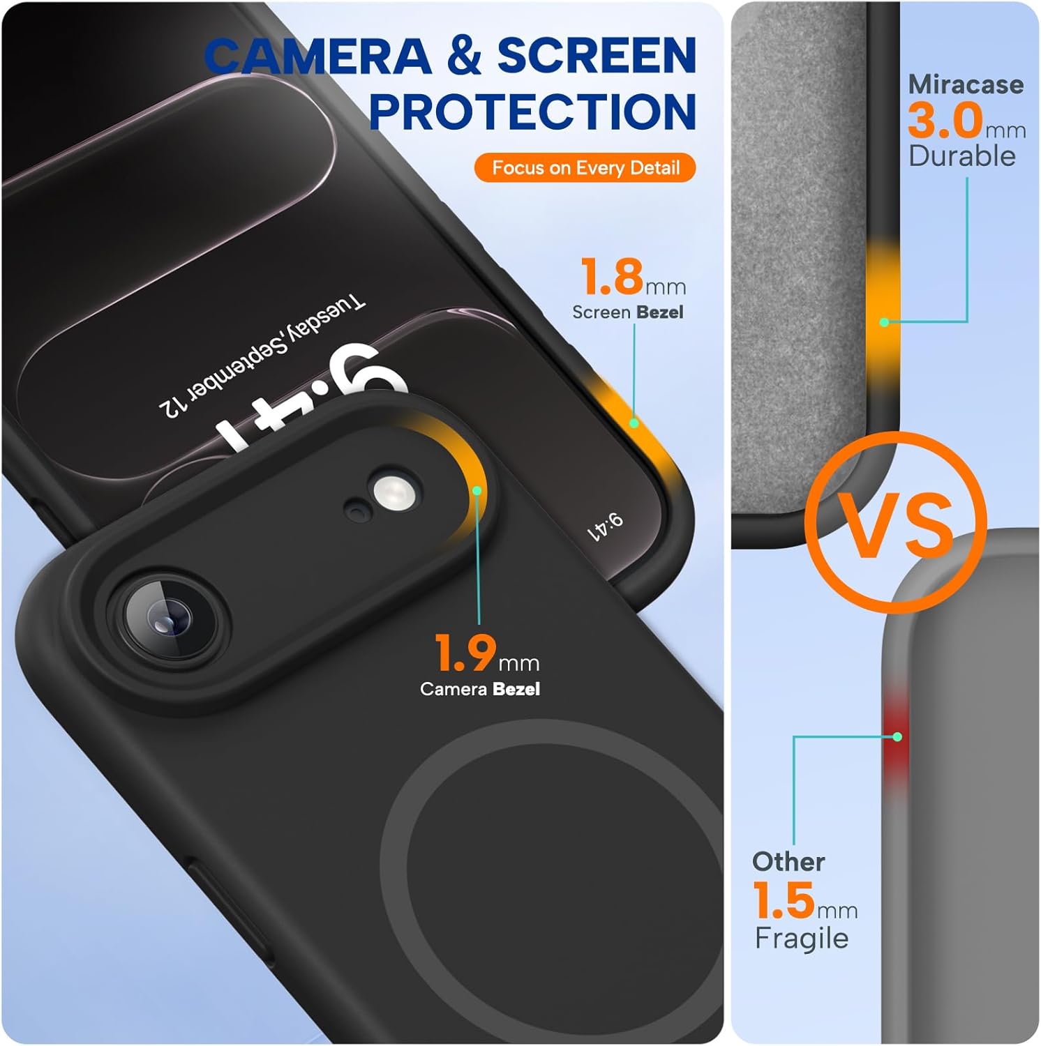 Miracase Magnetic for iPhone Air Case, Compatible with MagSafe, Integrated Silicone Camera Control Cover, 3.0mm Thicken Shockproof Drop Protection Phone Case for 17 Air,Black - Image 2