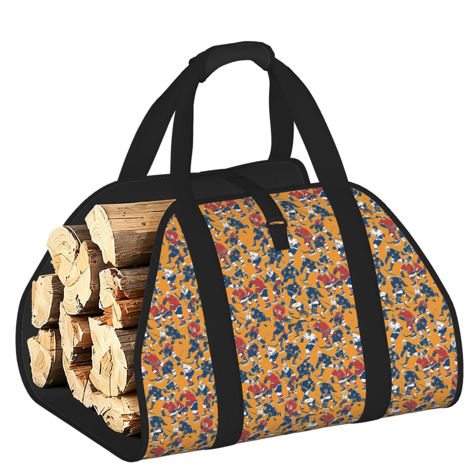 Ayyqwe Black Hockey Print Firewood Bag Wood Waterproof Versatile Camping Picnic Storage Daily Home