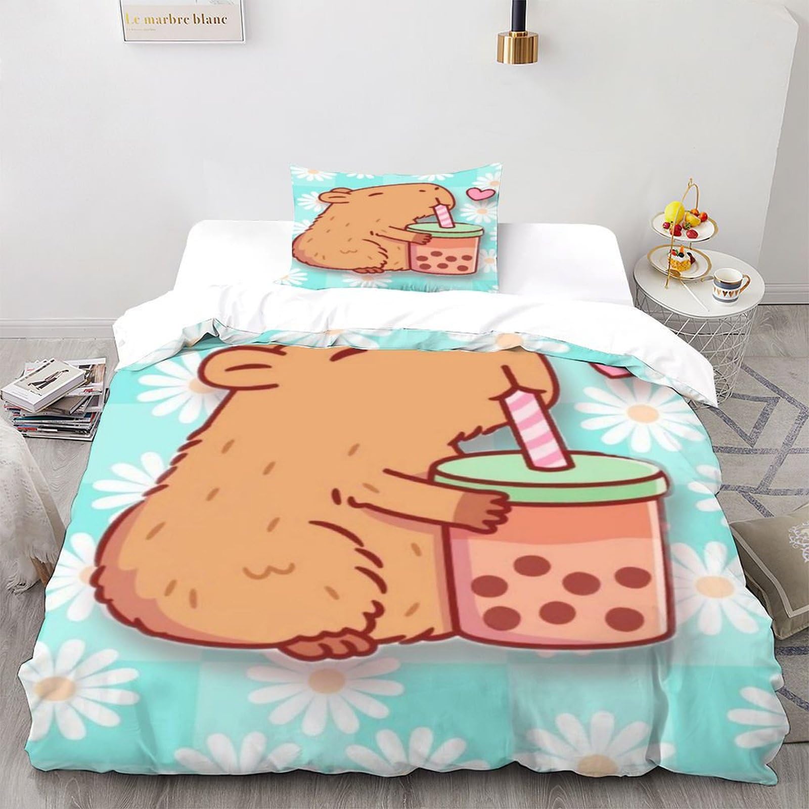 Capibara Bedding Set Theme Bedspread Cute Animals Duvet Cover Set Chic Breathable Comforter Cover for Boys&Girls with Pillowcase Single（135x200cm）
