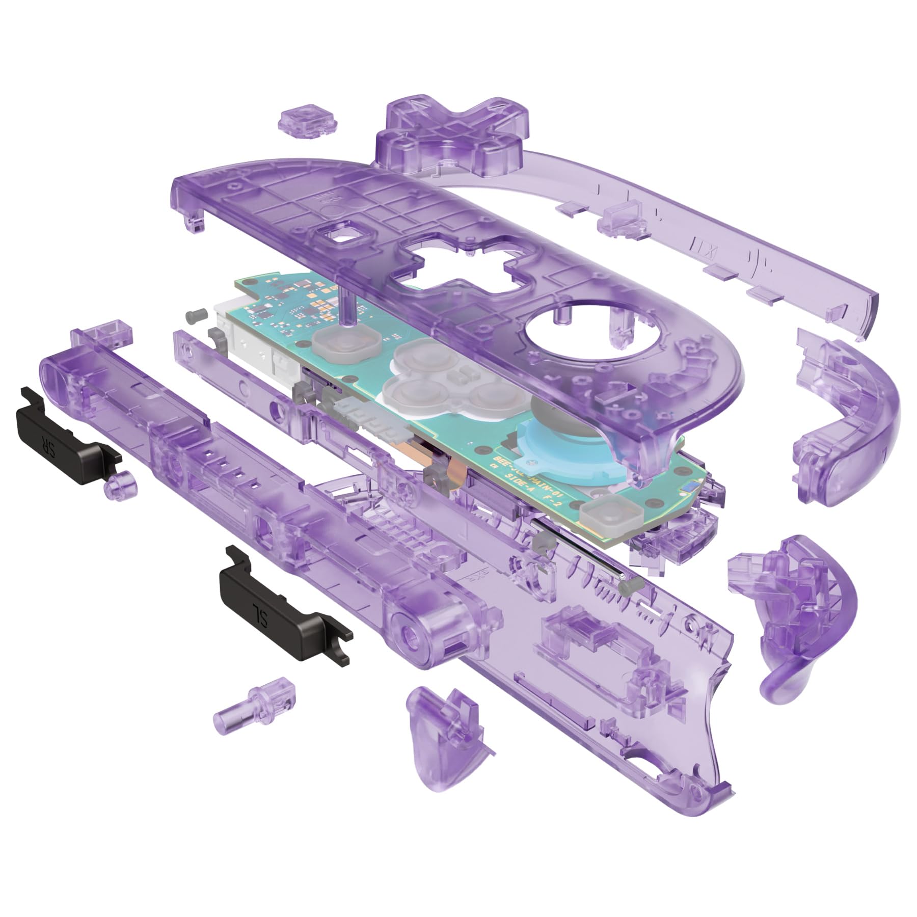eXtremeRate D-Pad Ver. Gehäuse & Tasten Zubehör für Switch 2 Joycon, Deluxe-Version DIY-Ersatz Full Hülle/Zierstreifen/Mittel Rahmen/Buttons Set für Nintendo Switch 2 Joy Con-Transparent Lila