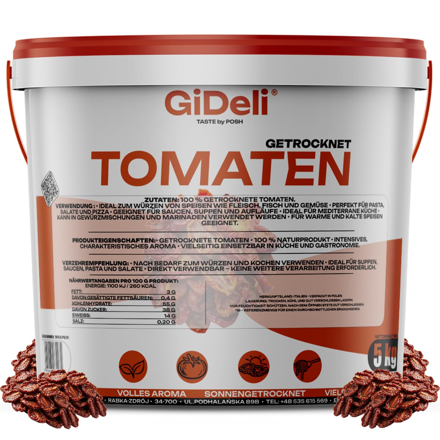 GiDeli Getrocknete Tomaten 5kg im Eimer - Naturrein Ohne Künstliche Zusätze - Sonnengetrocknet aus Italien - Ideal für Pasta, Suppen & Salate - Direkt Verwendbar Ohne Einweichen - Hoher Proteingehalt