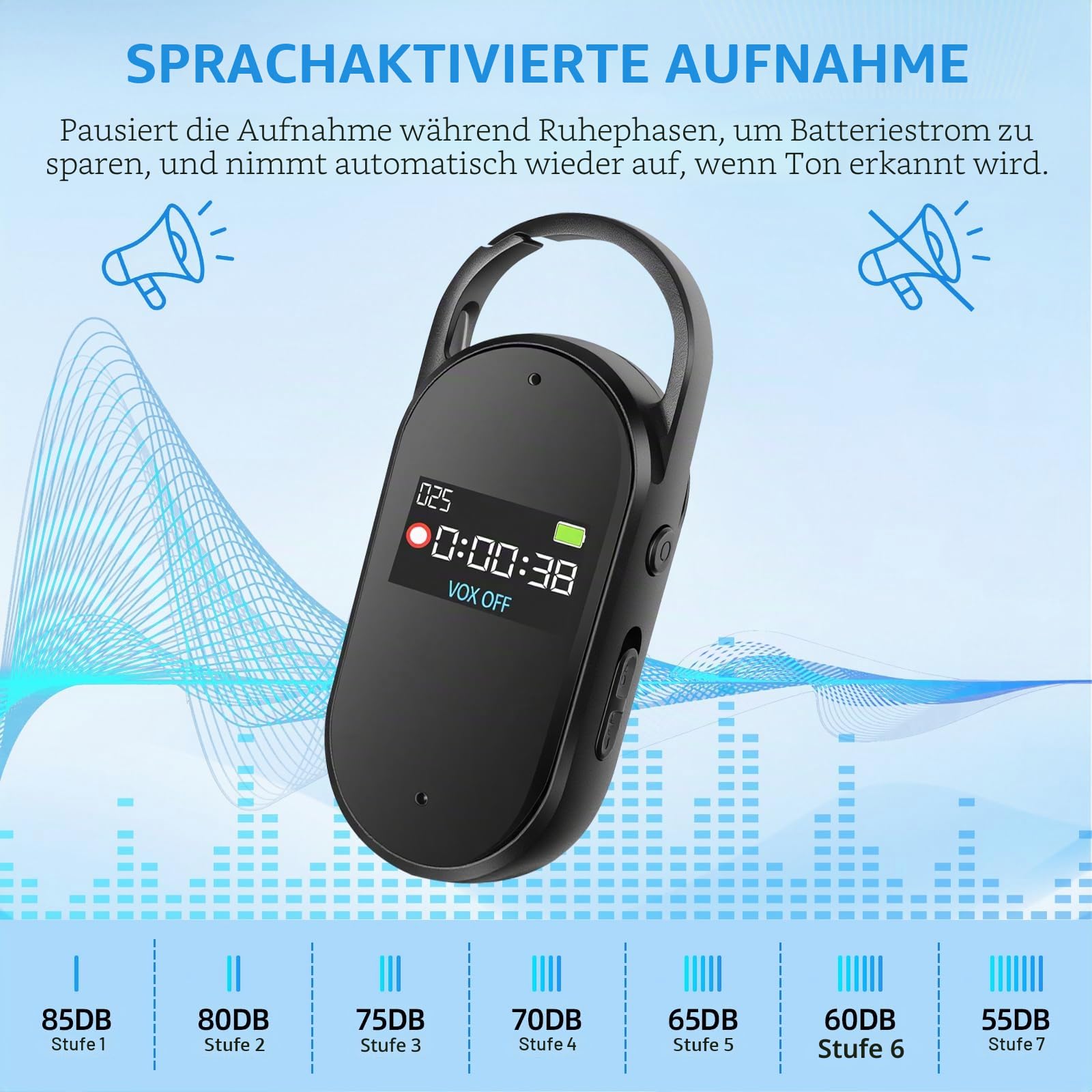 64 GB Digitales Diktiergerät - tragbarer Mini-Digitaler Audio-Aufnehmer mit Spracherkennung und MP3, Schlüsselanhänger-Design, AGC-Rauschunterdrückung, für Unterrichte, Meetings (Black)