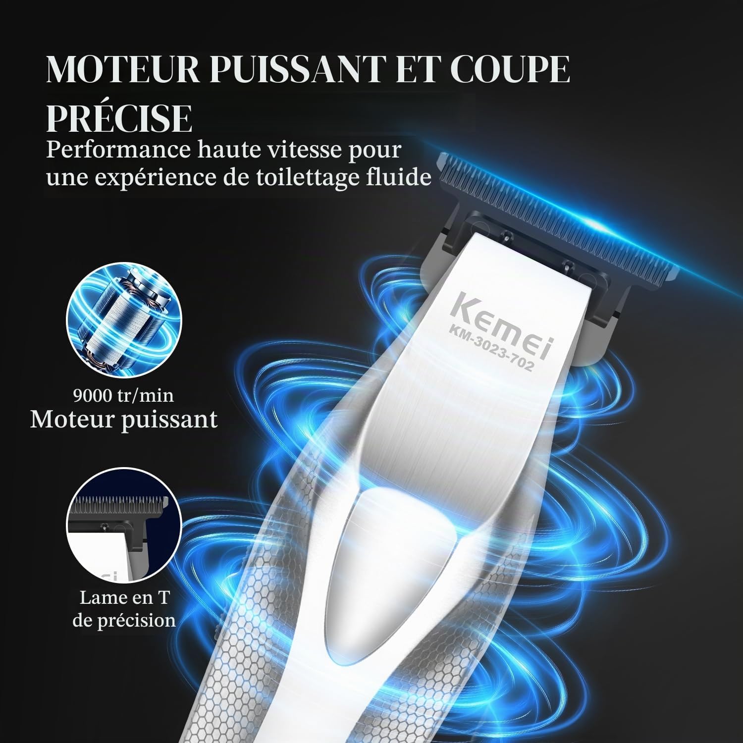 KEMEI KM-3023-702 Tondeuse à cheveux professionnelle pour homme, tondeuse à barbe sans fil sans fil, tondeuse de barbier rechargeable par USB, coupe-bordures, tondeuse à décoloration, cadeau pour