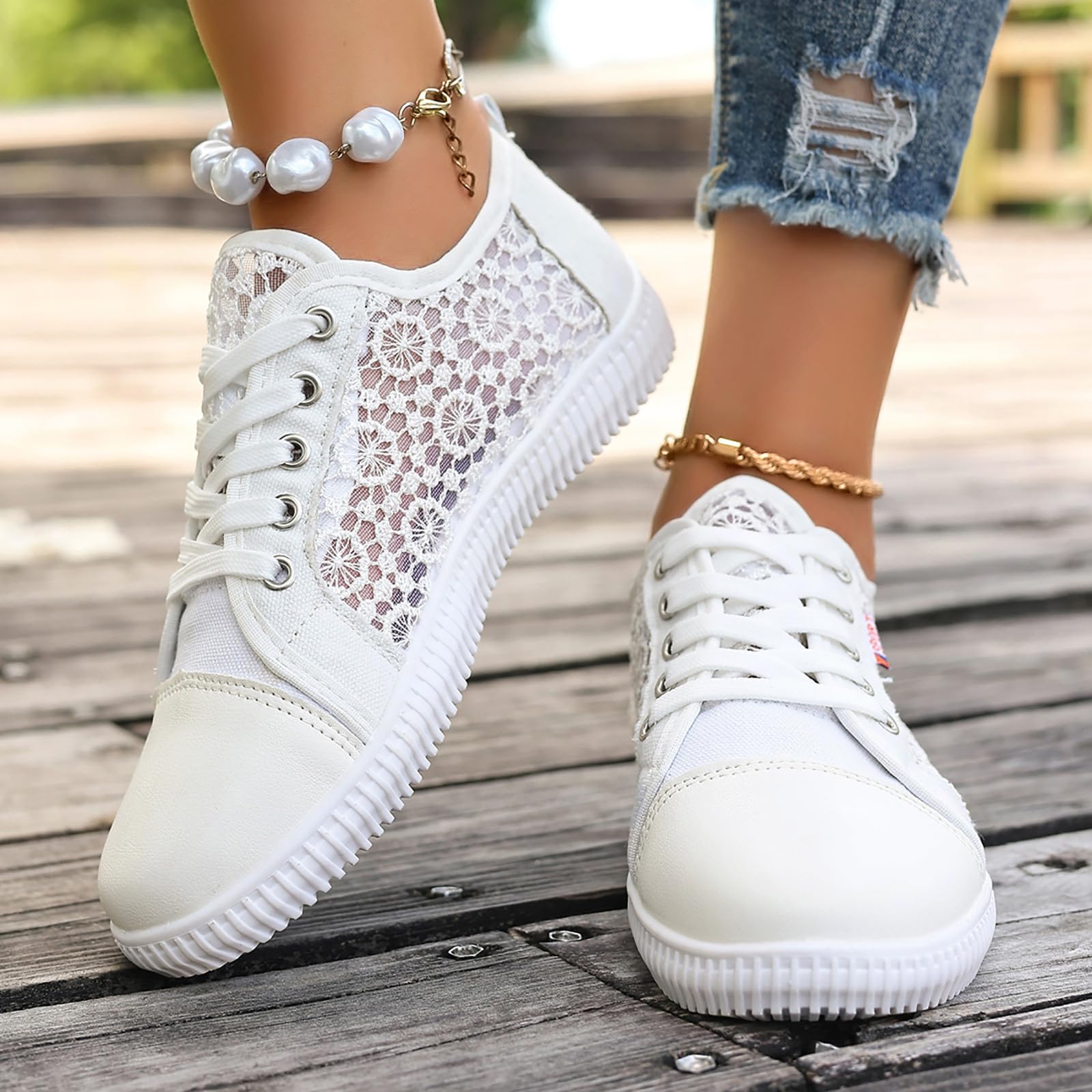 Générique Basket Toile Femme Été Confortables Tennis Toile Femme en Maille Aérée & Dentelle - Chaussures Plates Confort à Lacets Antidérapant - Baskets Décontractées Respirantes pour Randonnée Légère