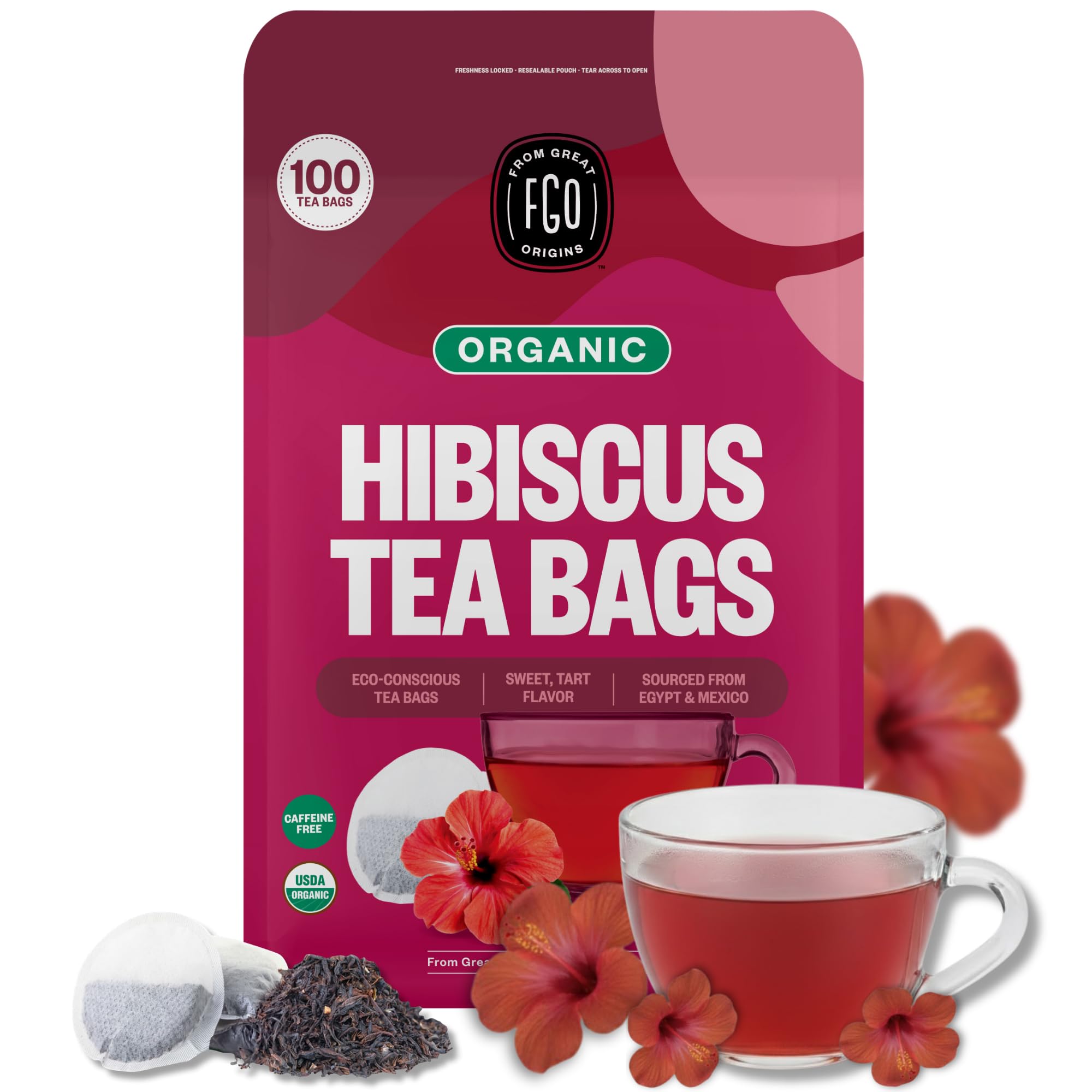 FGO Organic Hibiscus Tea, 100 Count, Eco-Conscious Tea Bags, Caffeine Free, Packaging May Vary (Pack of 1)