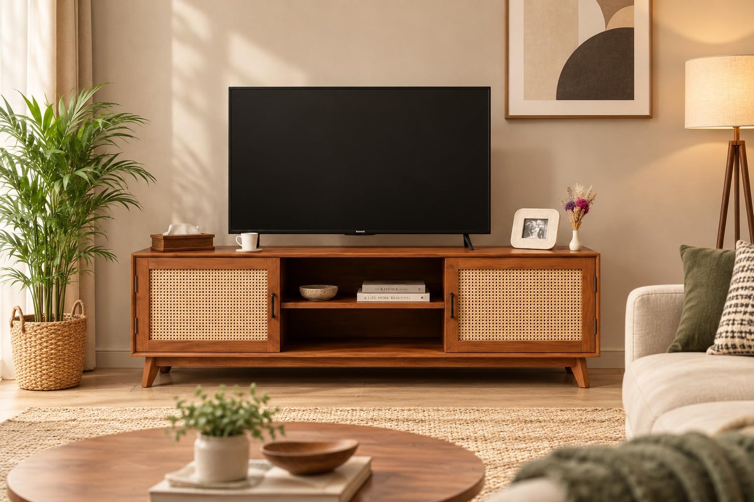 Little eXtra Wood Cane TV Unit for Living Room | Handcrafted Wooden Sideboard with Doors & Open Storage Shelves | Modern Entertainment Cabinet for Home Décor.-image-35