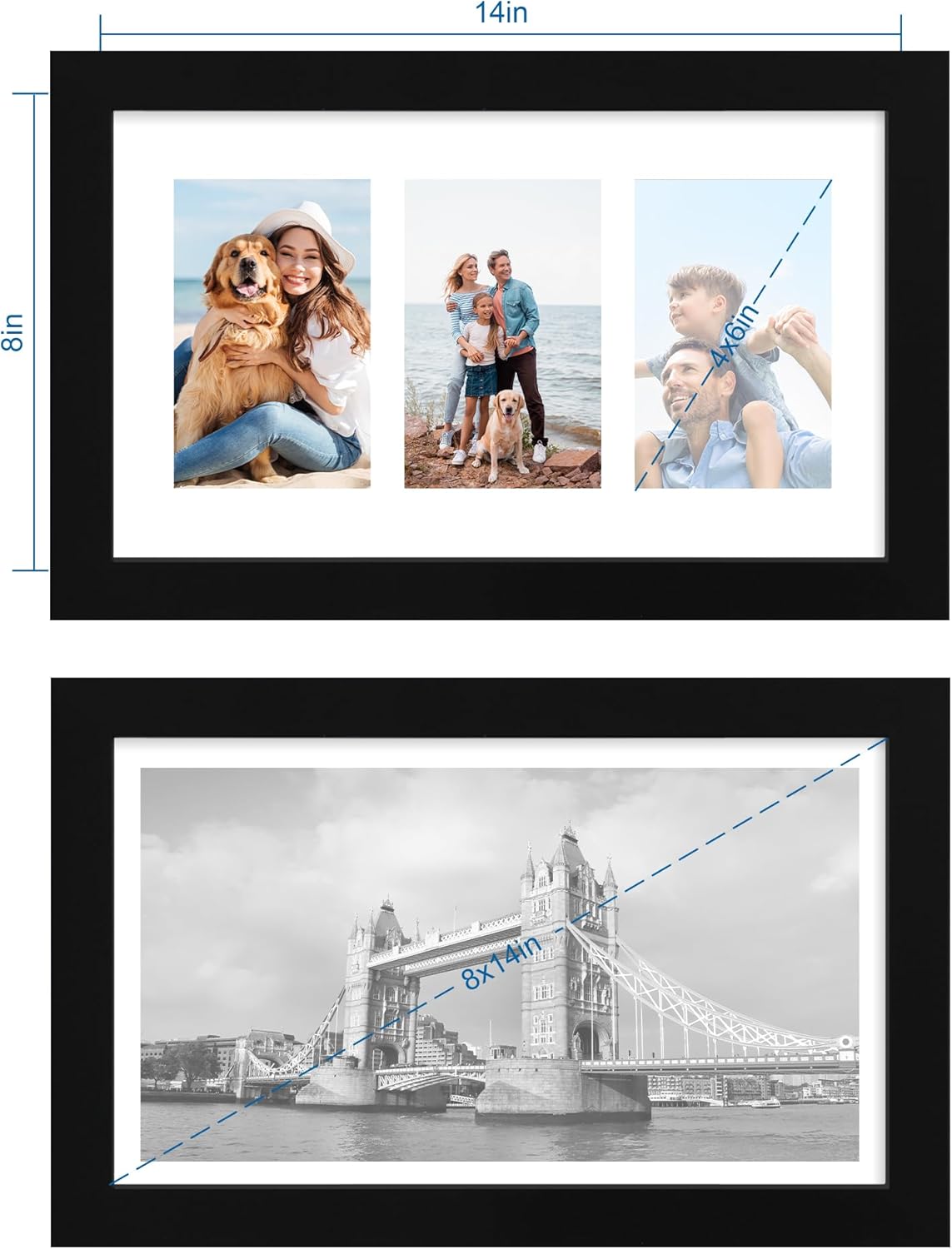 Hongkee 8x14 Picture Frame Set of 2, Black Wood Frame with Glass Collage Frame, Display Pictures 3-4x6 With Mat or 8 x 14 Without Mat - Horizontal or Vertical Wall Mounting