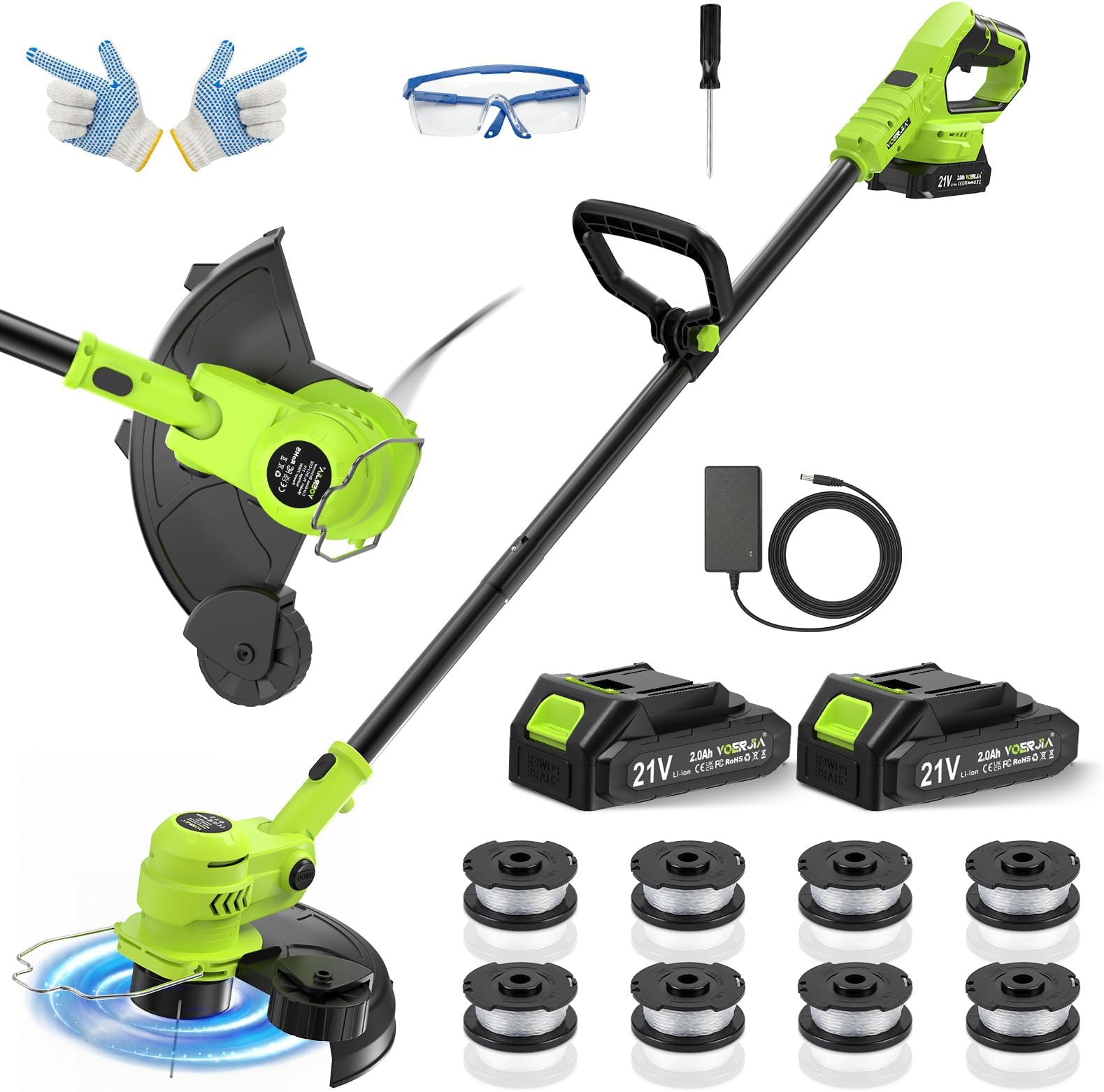 Cordless Grass Trimmer 21V, 30cm Cutting Width Garden Strimmer with 2 Batteries & Charger, Auto Line Feed, 8 Spools Included, 2-in-1 Lawn Trimmer & Edger with Adjustable Head